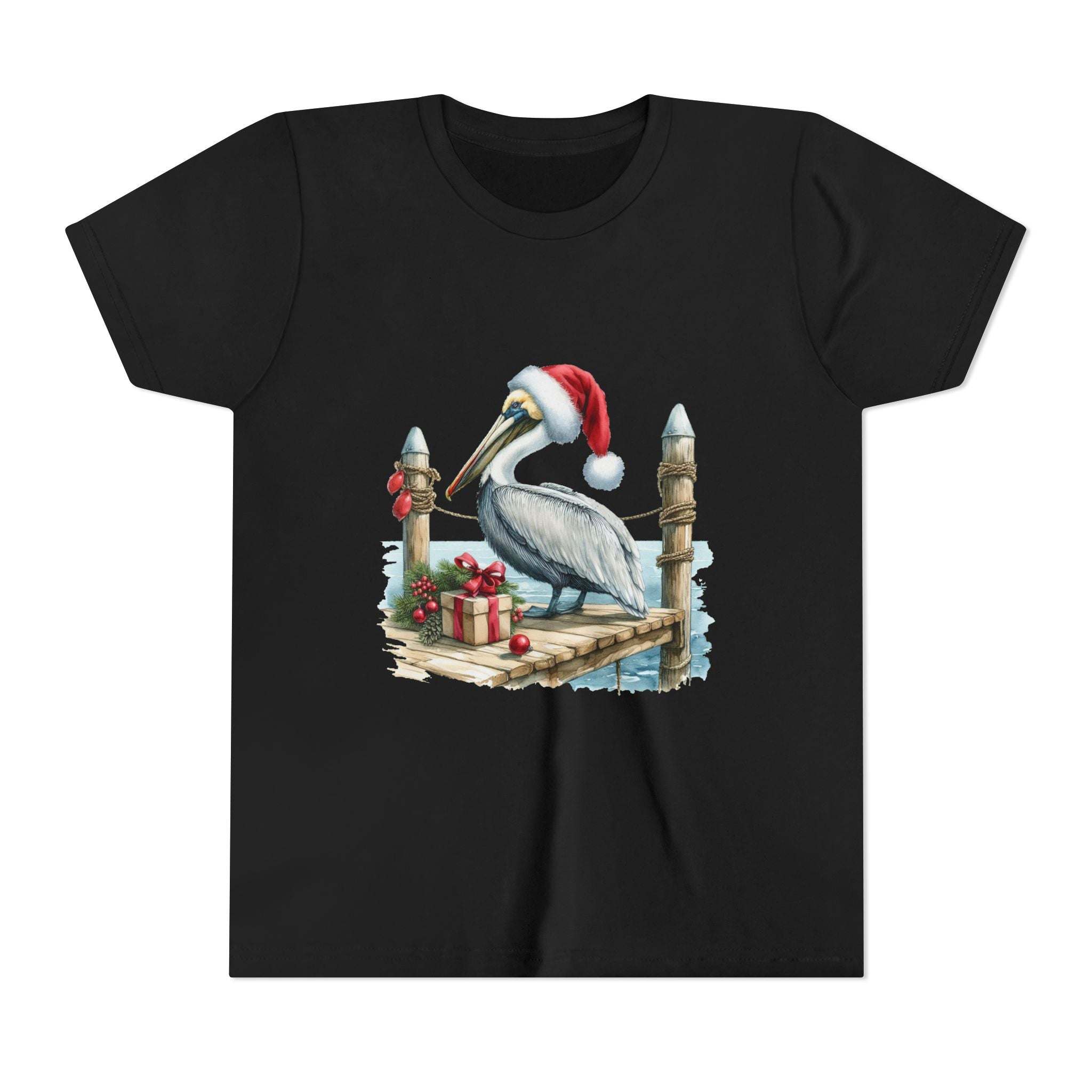 Pelican Santa Hat youth t-shirt in black, featuring festive holiday design for coastal Christmas celebrations