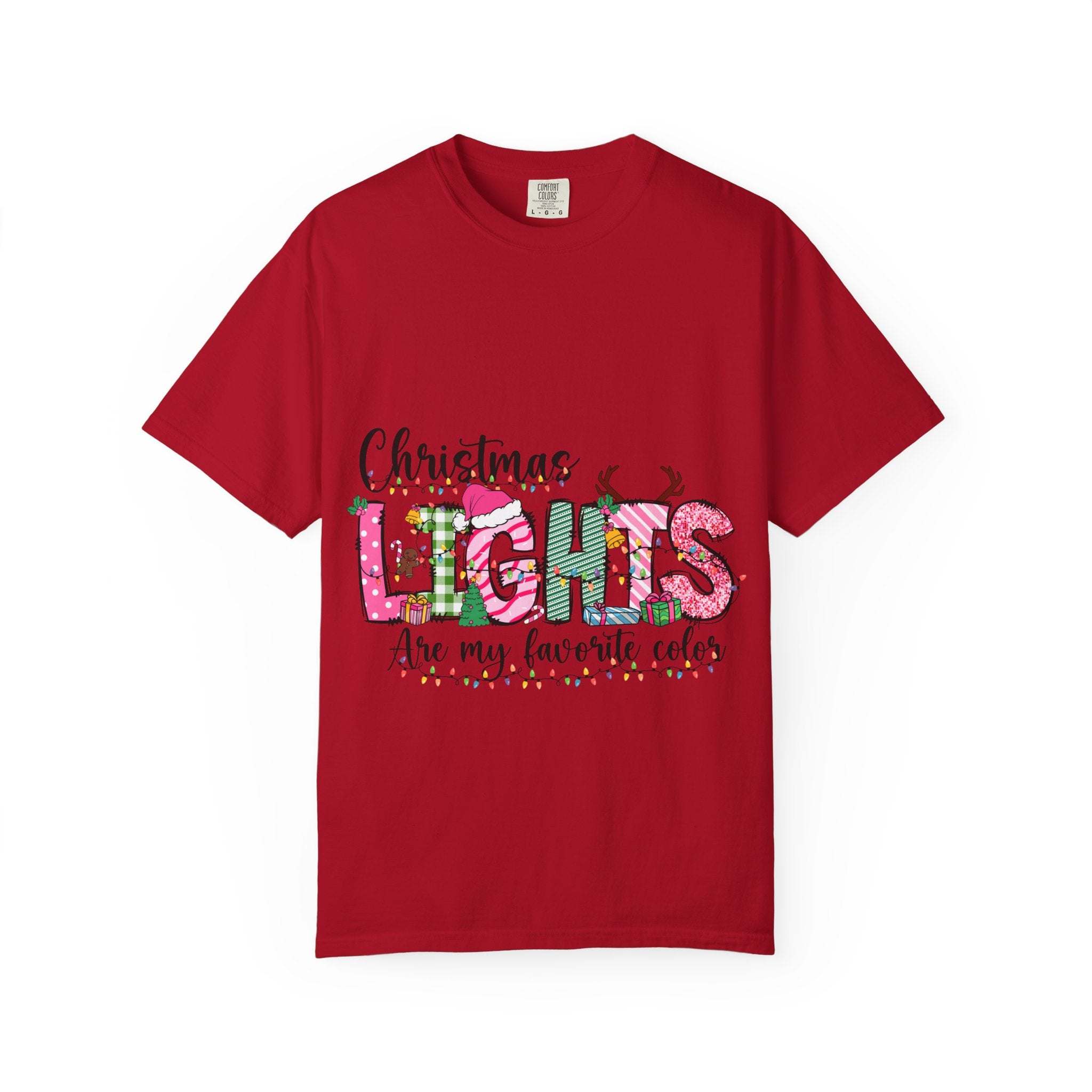 Christmas Lights Are My Favorite Color t-shirt in soft garment-dyed cotton with relaxed fit and holiday graphic
