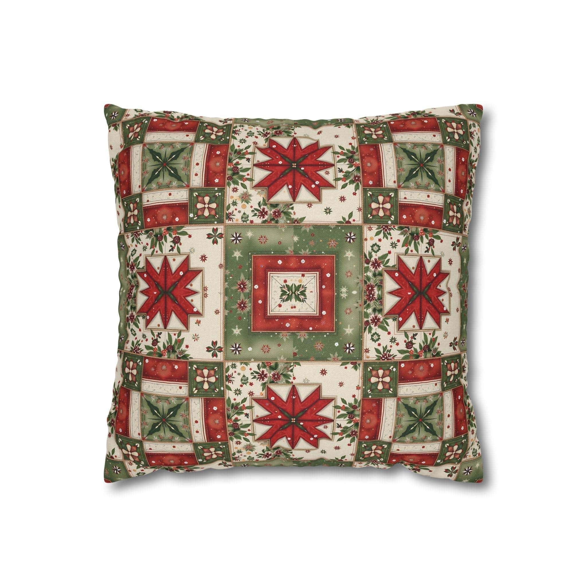 Patchwork Christmas Star holiday throw pillow cover with red and green geometric star quilt design