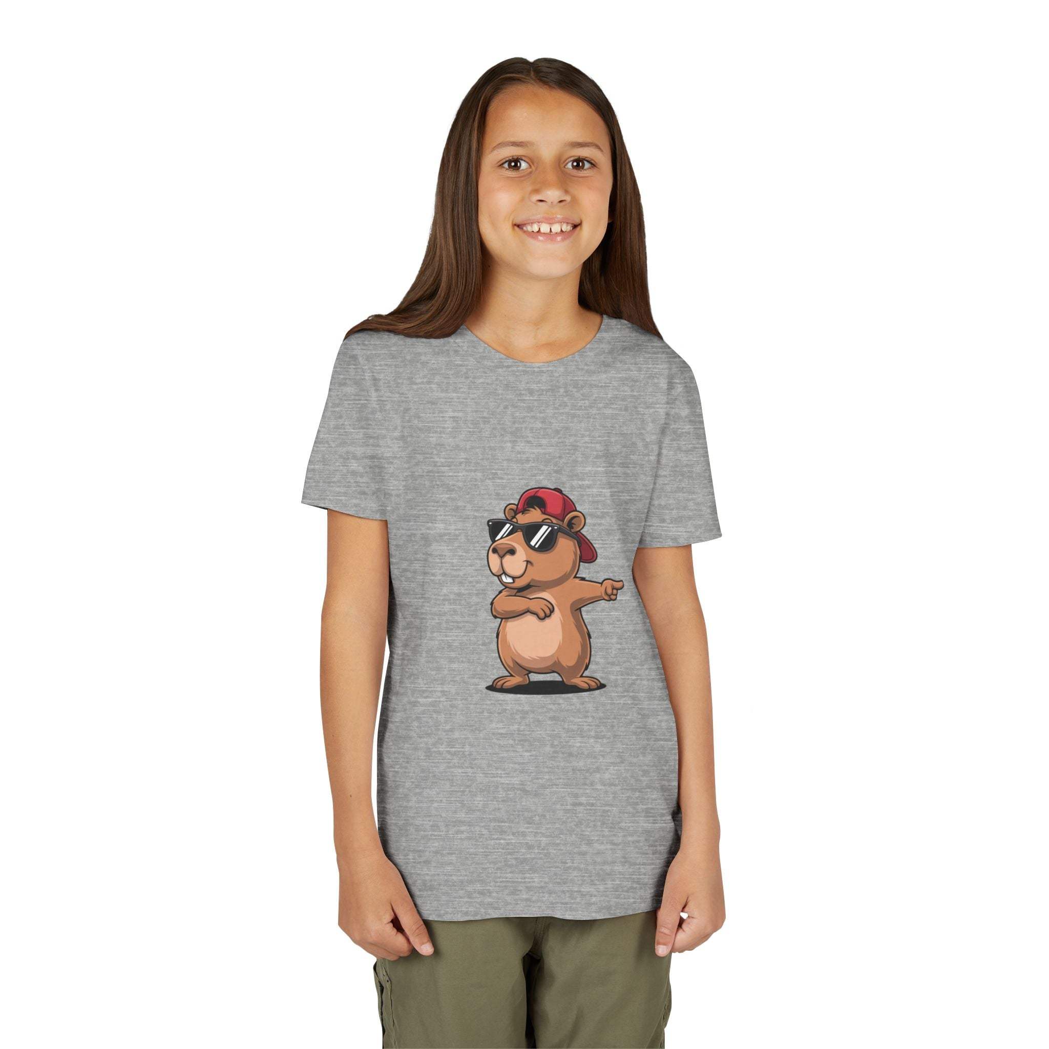 Youth tee featuring cool capybara in hat and sunglasses graphic on soft cotton shirt