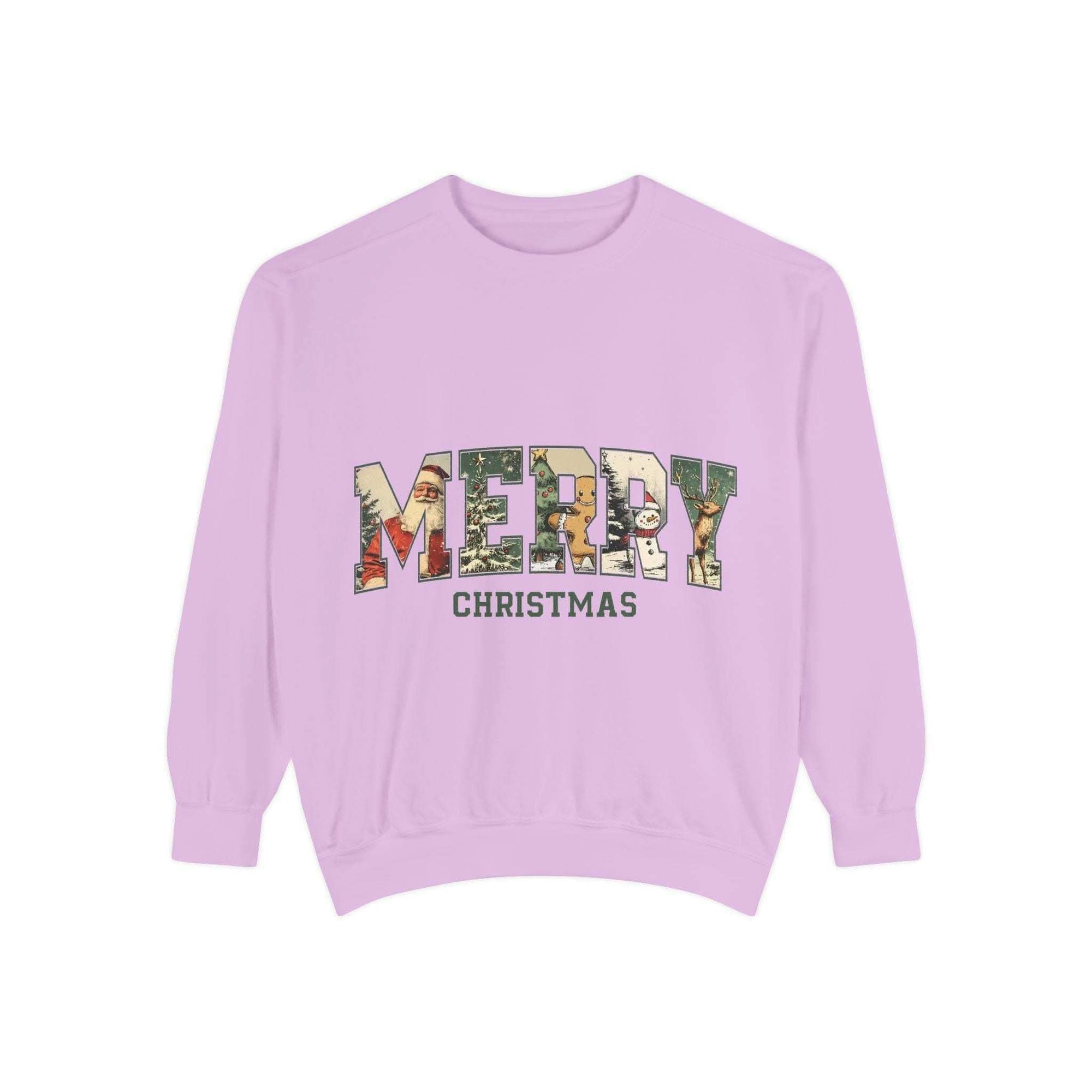 Vintage Varsity Merry Christmas lavender unisex sweatshirt with festive graphic print and ribbed cuffs.