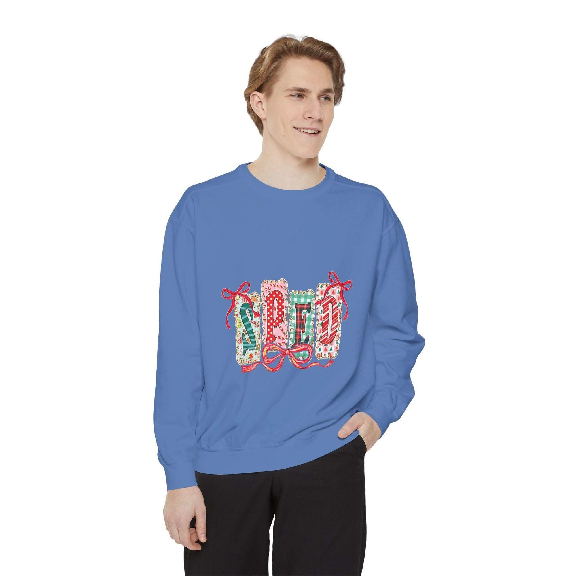Pepper garment-dyed sweatshirt for preppy SPED teachers, featuring a festive Christmas design by Printify
