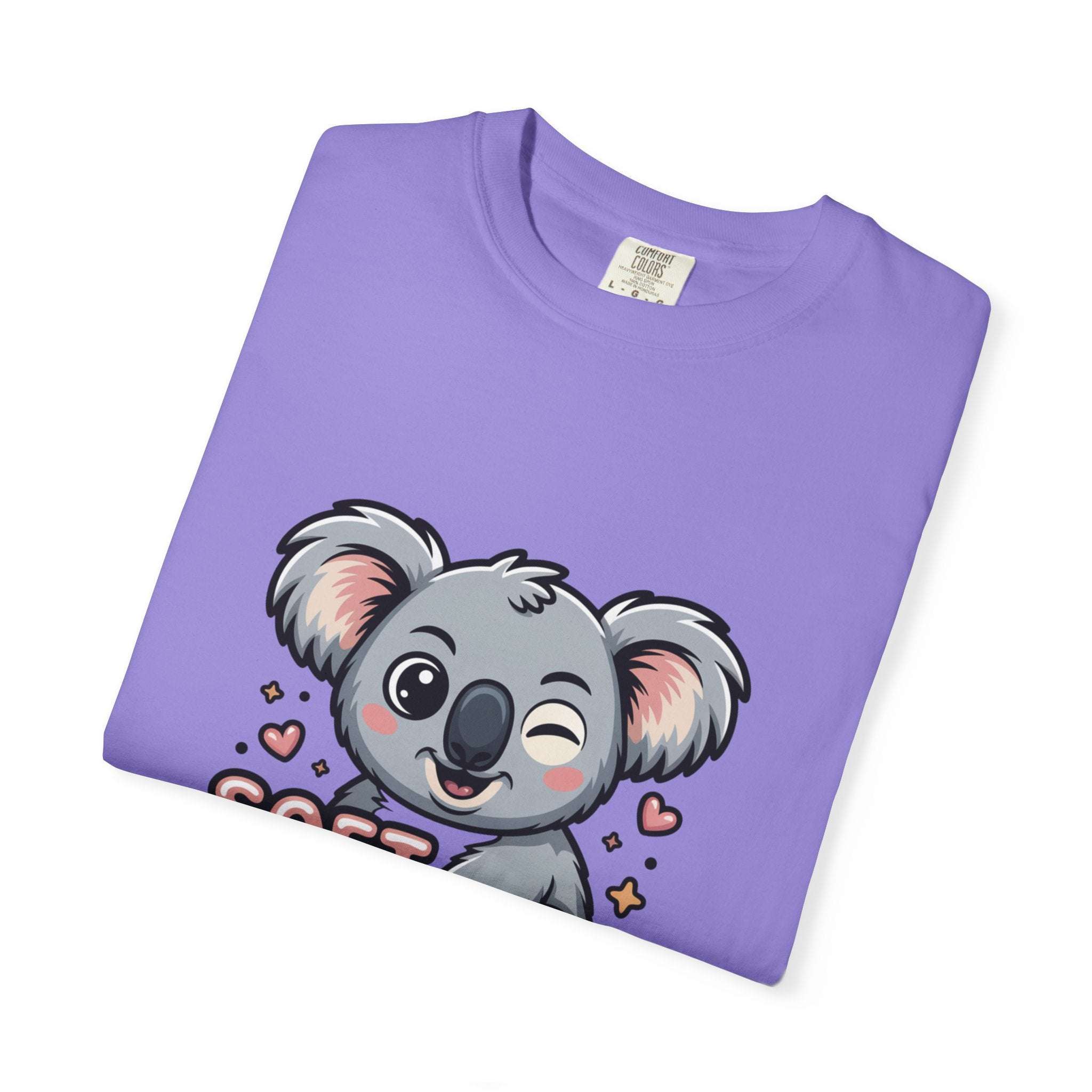 Soft on the Outside Savage on the Inside koala graphic lavender t-shirt with relaxed fit and vintage wash