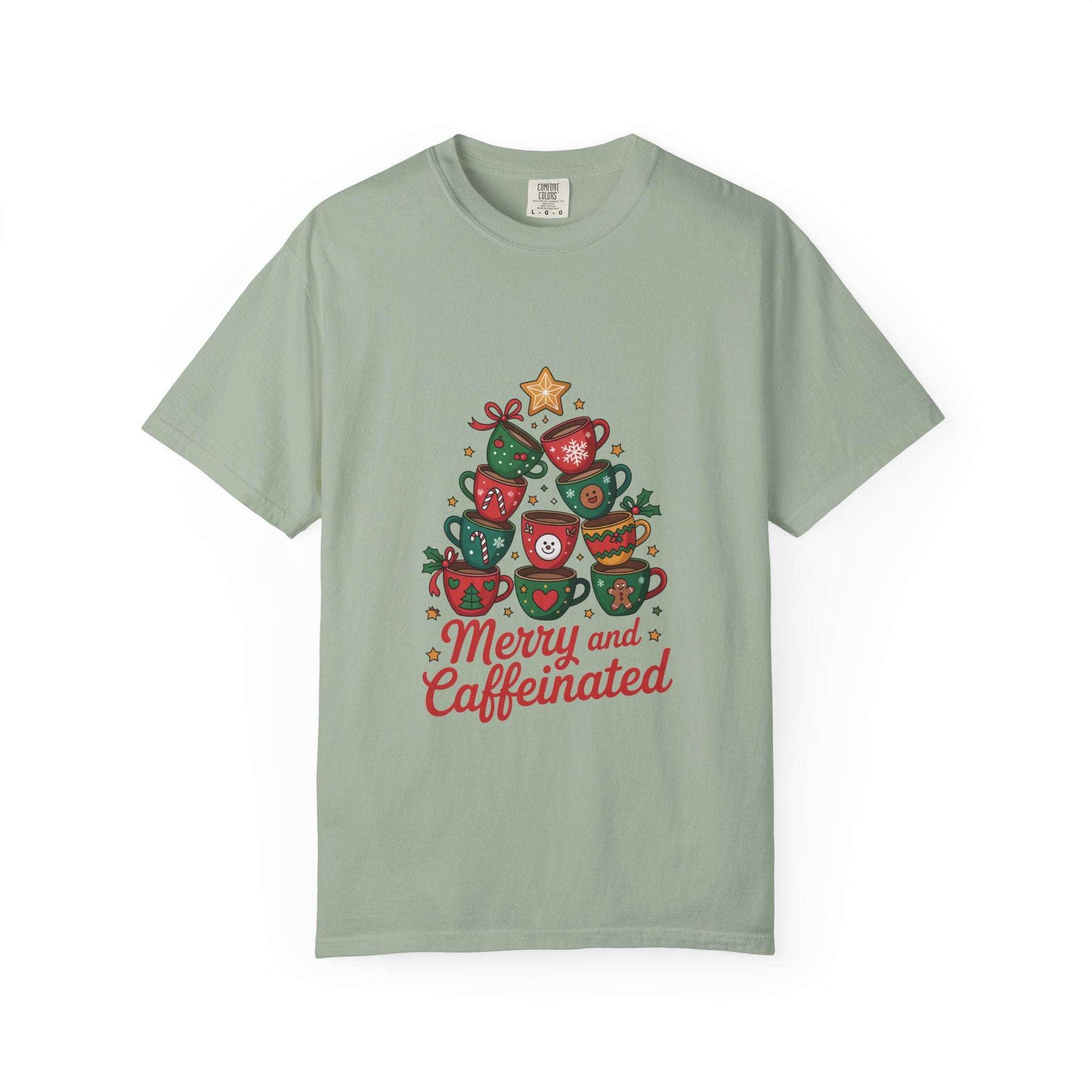Merry and Caffeinated T-shirt with festive coffee cup tree design on light green tee
