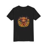 Youth tee featuring Highland Cow with Sunflowers design on soft cotton fabric