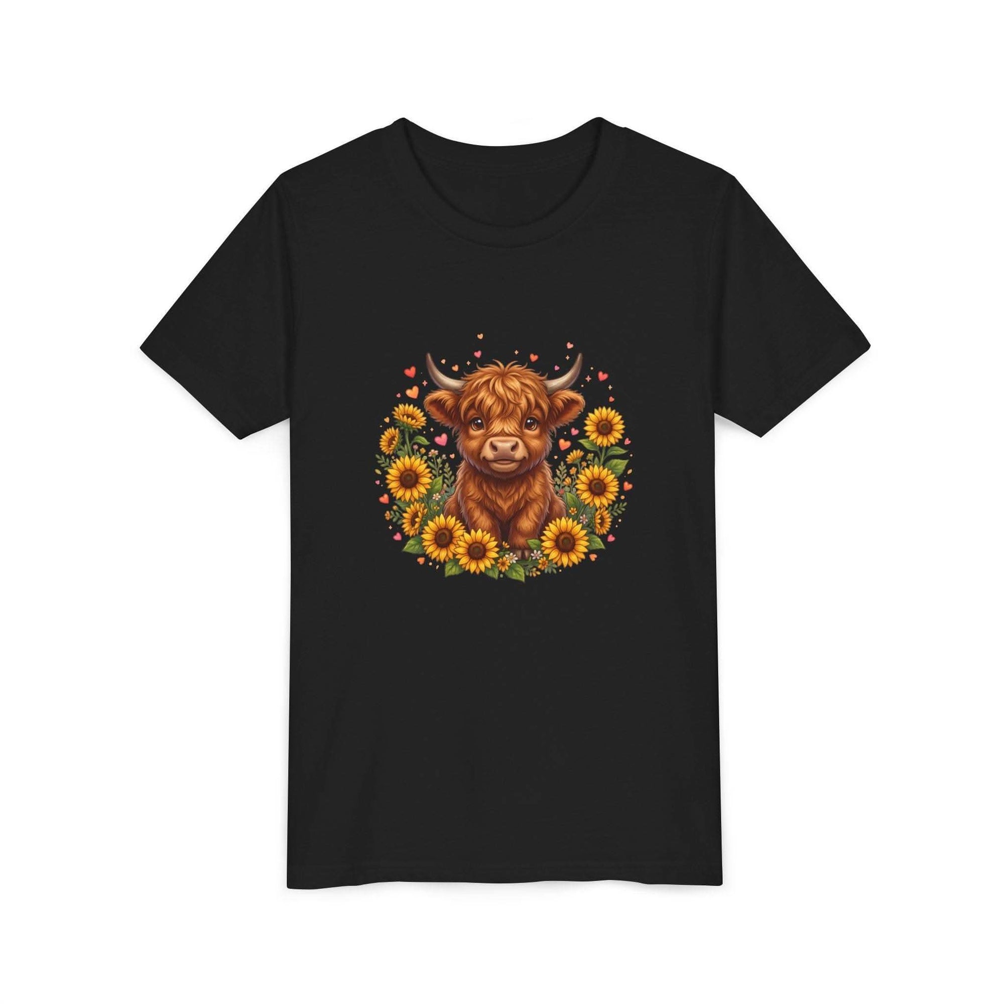 Youth tee featuring Highland Cow with Sunflowers design on soft cotton fabric