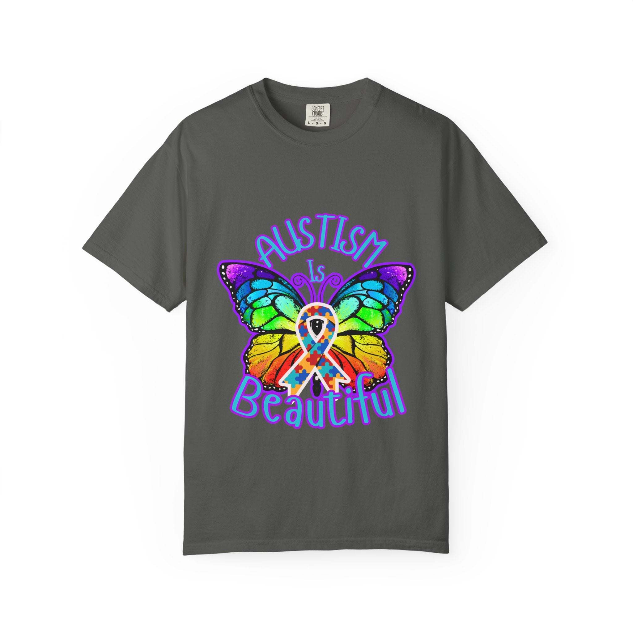 Autism is Beautiful T-shirt with colorful butterfly and awareness ribbon design on gray fabric