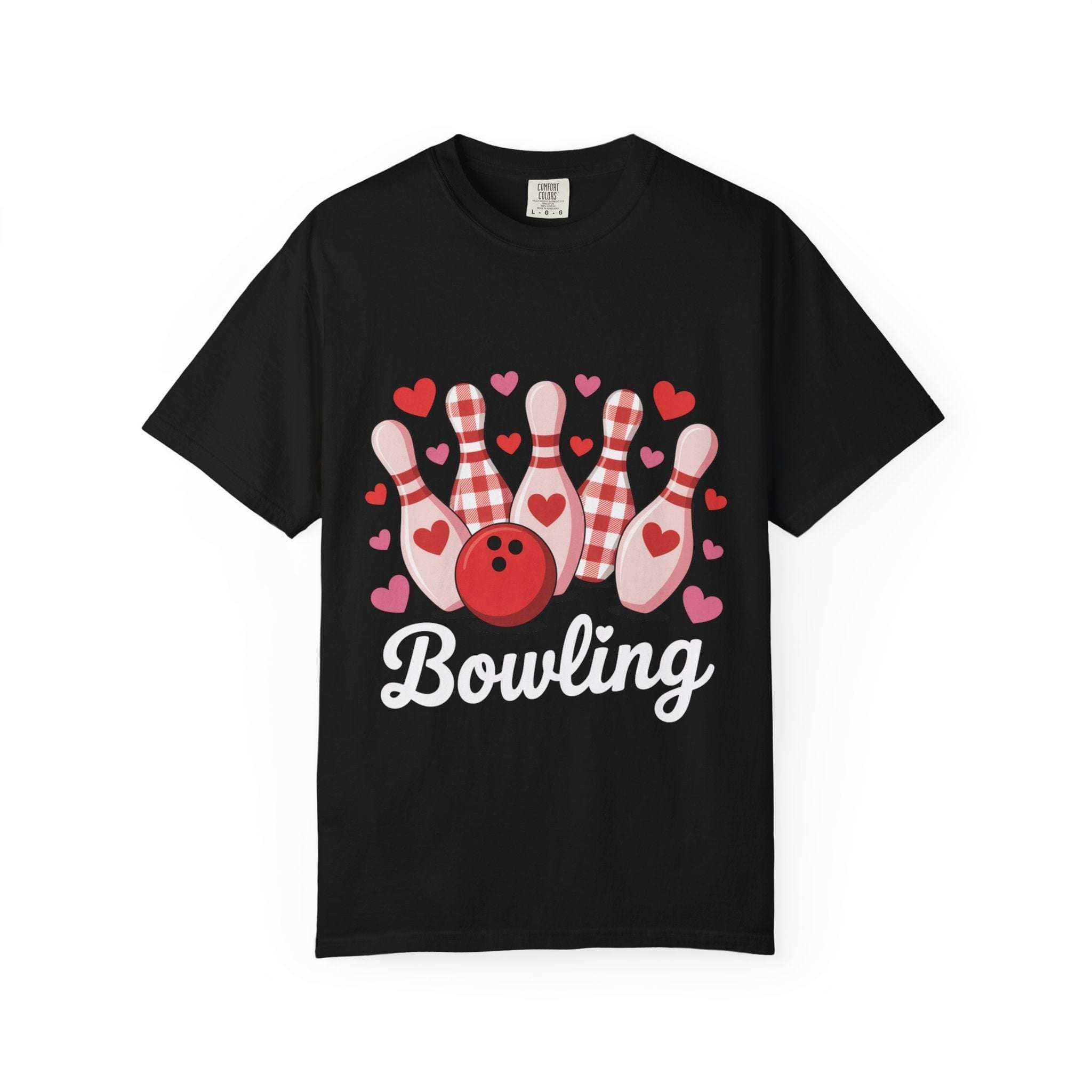 Valentine's Bowling Hearts Tshirt with tiny hearts and bowling pin design on cozy garment-dyed cotton