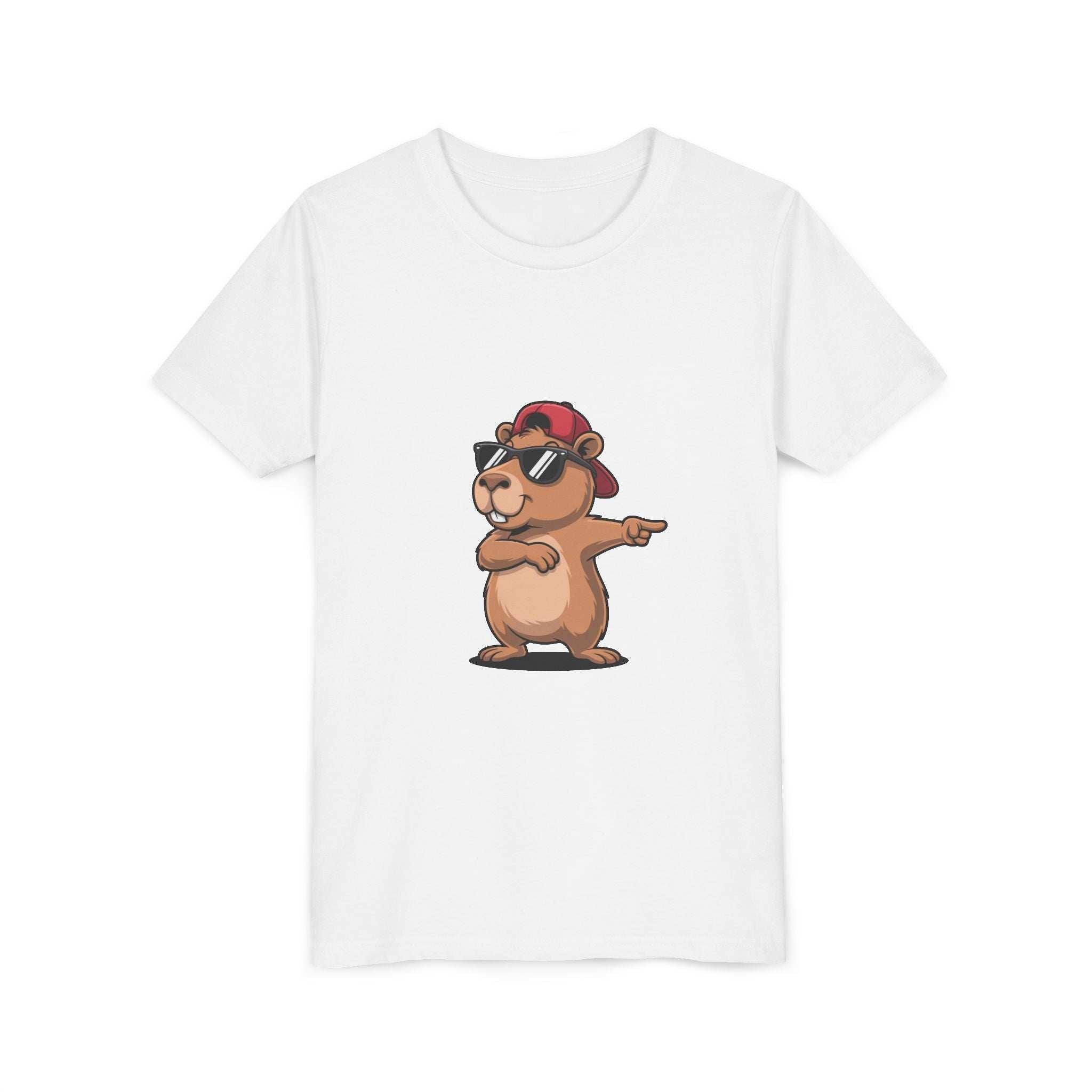 Youth tee featuring cool capybara in hat and sunglasses on soft cotton shirt