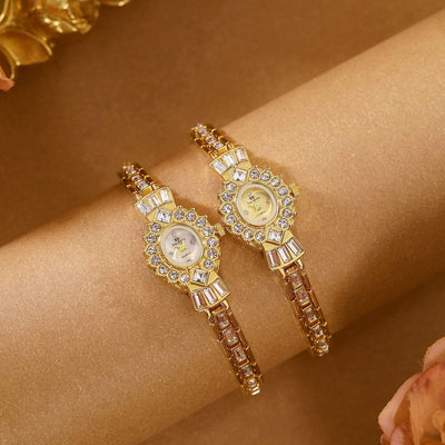 Gold and white Women's Diamond Middle-ancient Magic Mirror Watch with diamond accents and jewelry buckle strap.