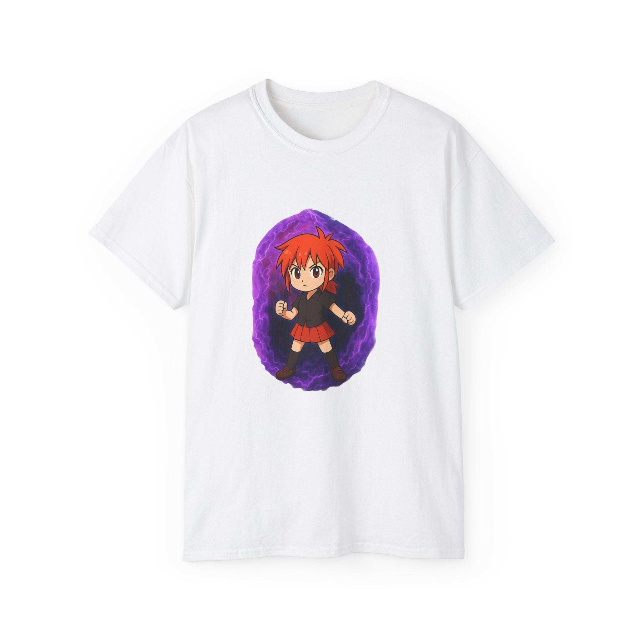 White unisex t-shirt featuring an Anime Purple Power Girl graphic with vibrant purple aura design