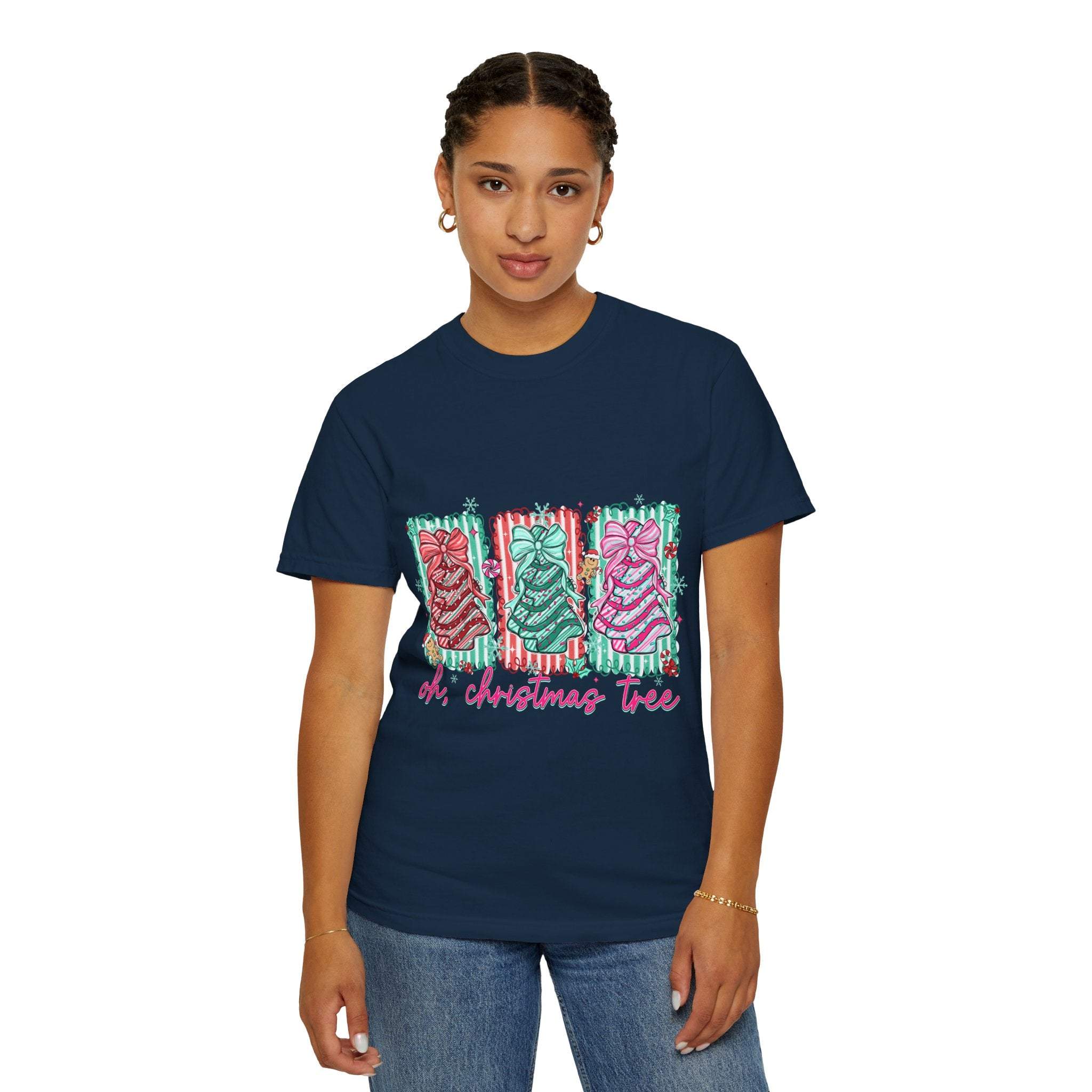 Woman wearing navy Oh Christmas Tree T-shirt with festive holiday design