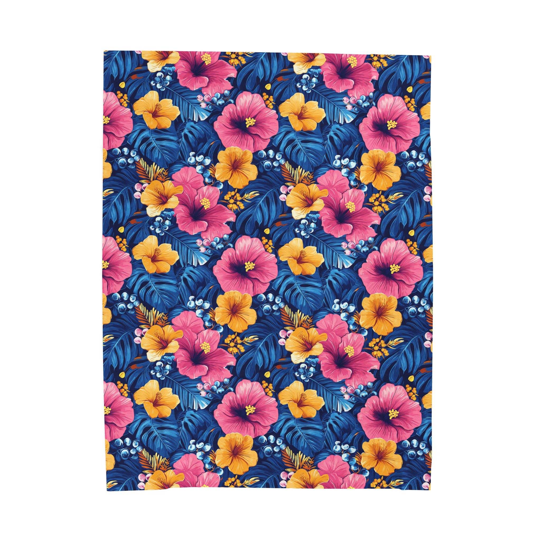 Tropical Hibiscus Floral Velveteen Plush Blanket | Hawaiian Flower Pattern