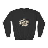 White youth crewneck sweatshirt featuring festive Hanukkah designs by Printify