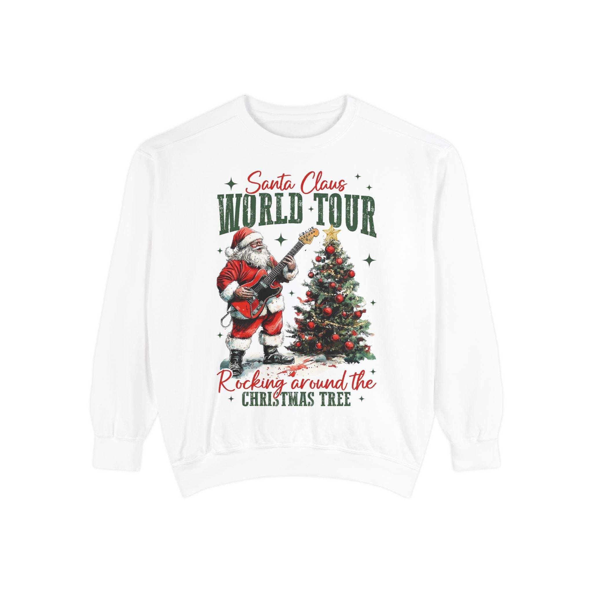 White sweatshirt rocking Santa Claus with guitar and Christmas tree festive design