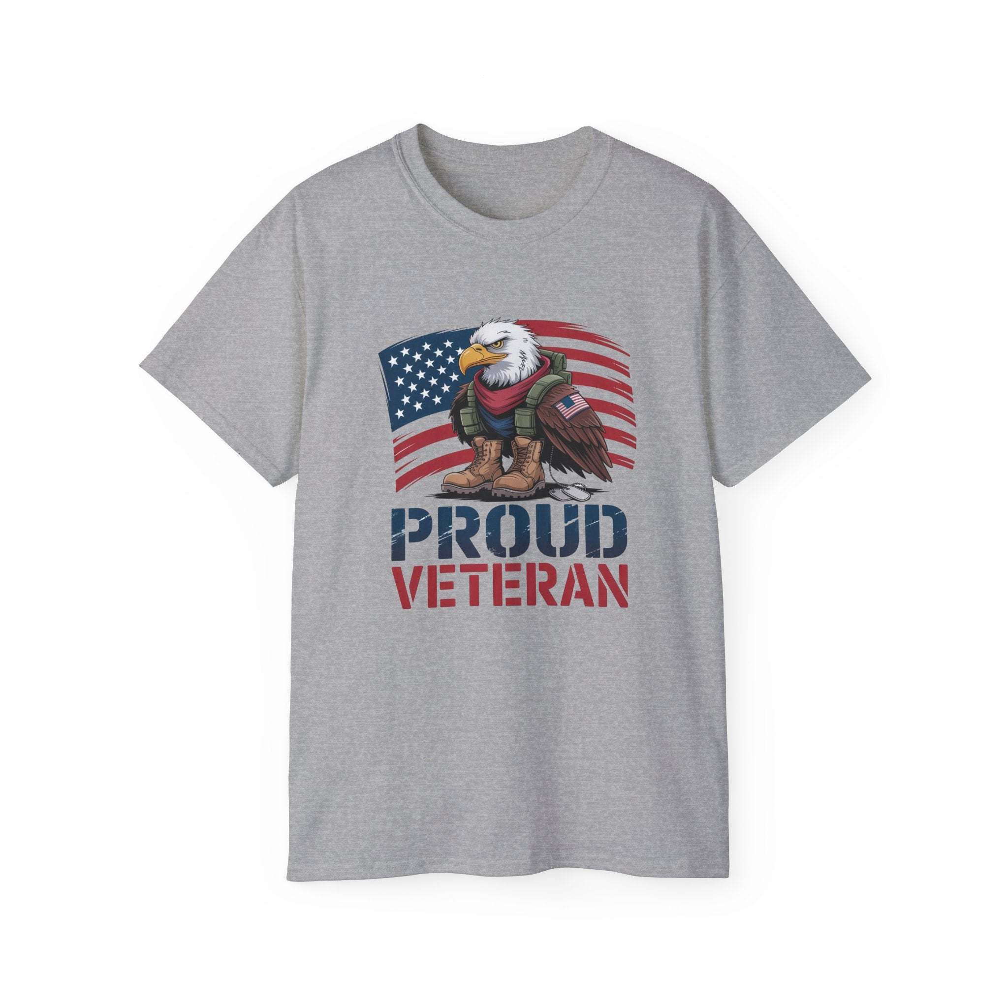 White unisex t-shirt featuring 'Proud Veteran' graphic, soft cotton fabric by Printify