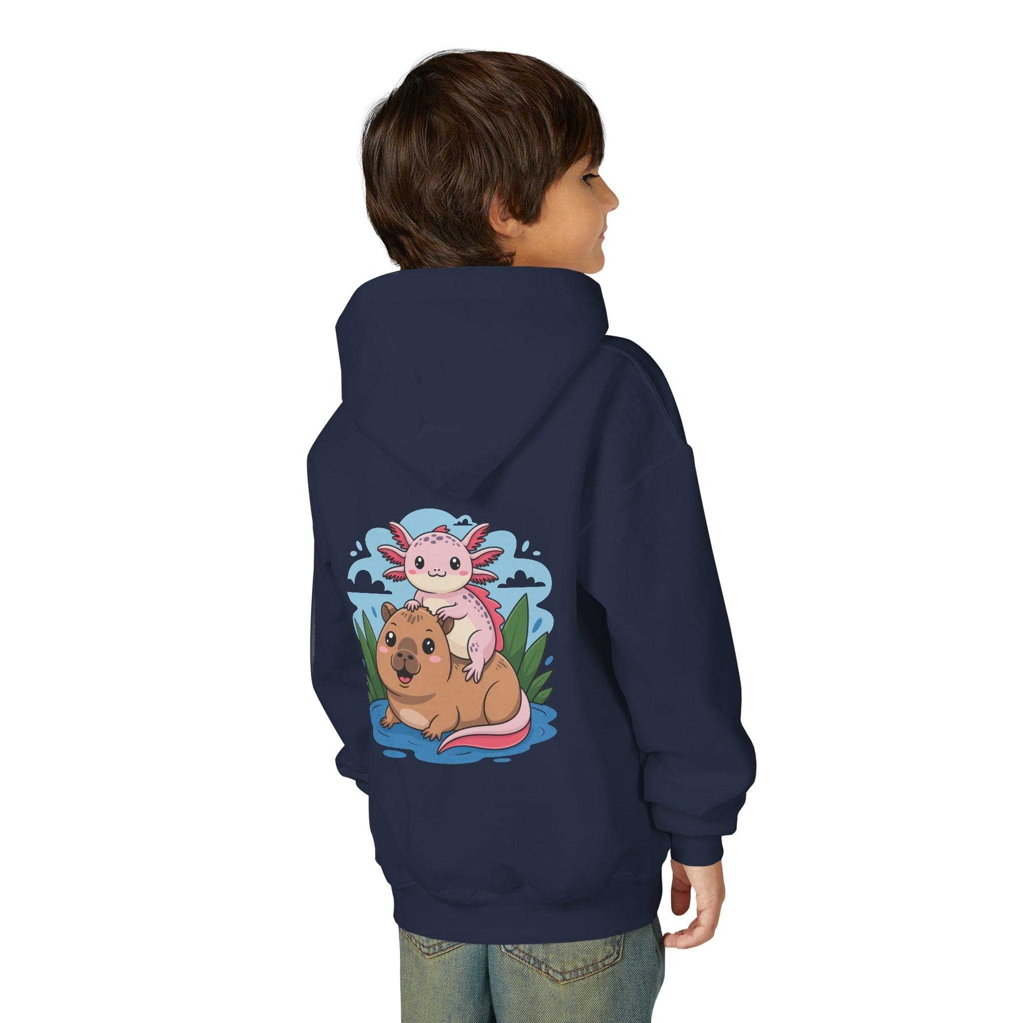Youth hoodie featuring playful axolotl and capybara design in soft cotton-poly blend sweatshirt