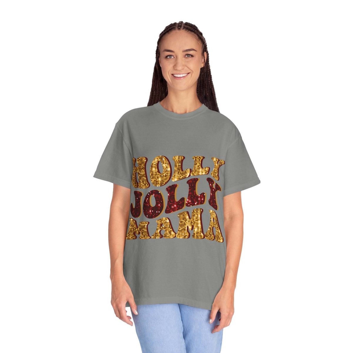 Faux Glitter Holly Jolly Mama brown t-shirt with festive glitter text for moms
