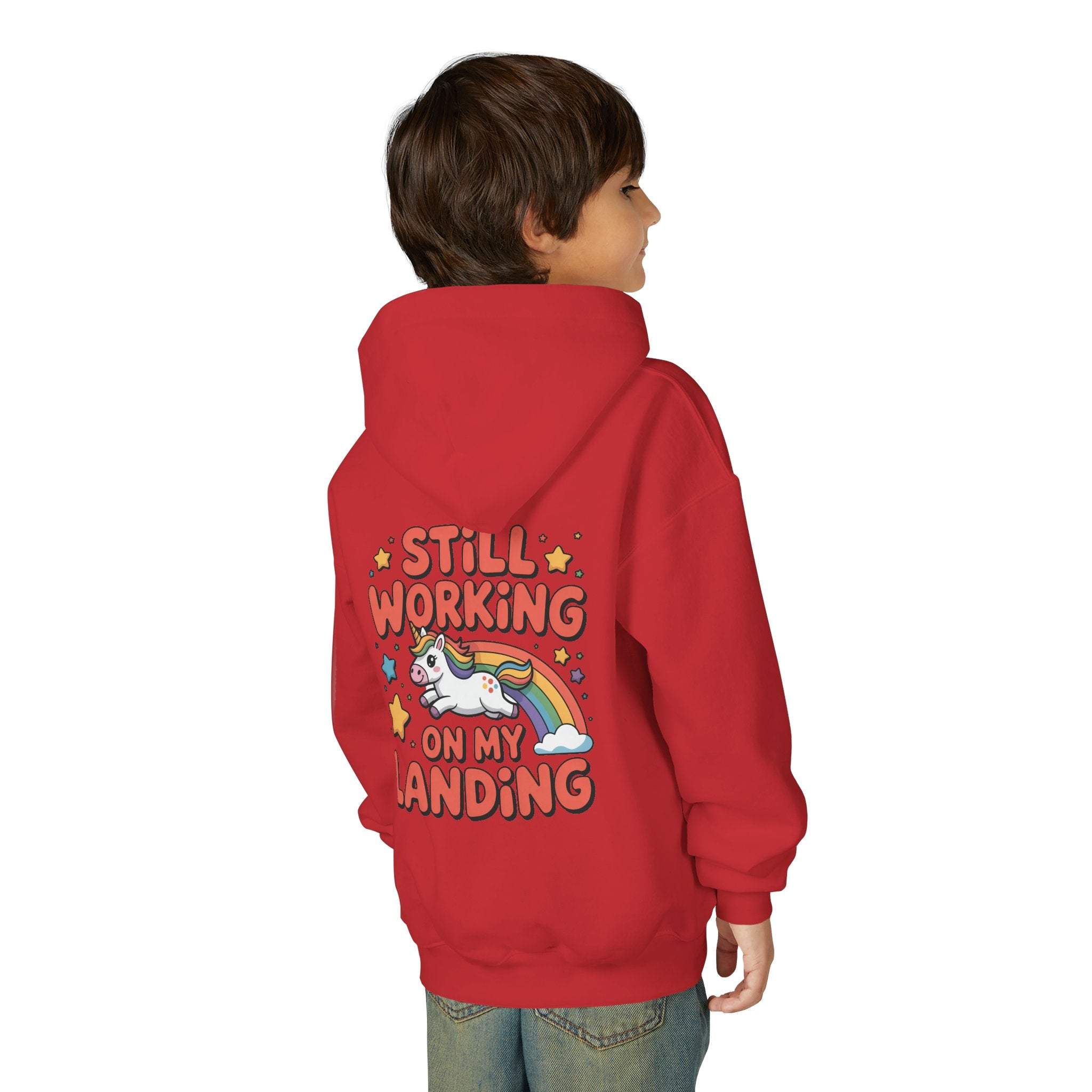 Still Working On My Landing Hoodie | Kids Unicorn Rainbow Design