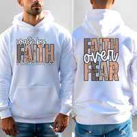 Faith Over Fear Hoodie with "Walk by Faith" inspirational Christian design, cozy sweatshirt with double-lined hood and kangaroo pocket
