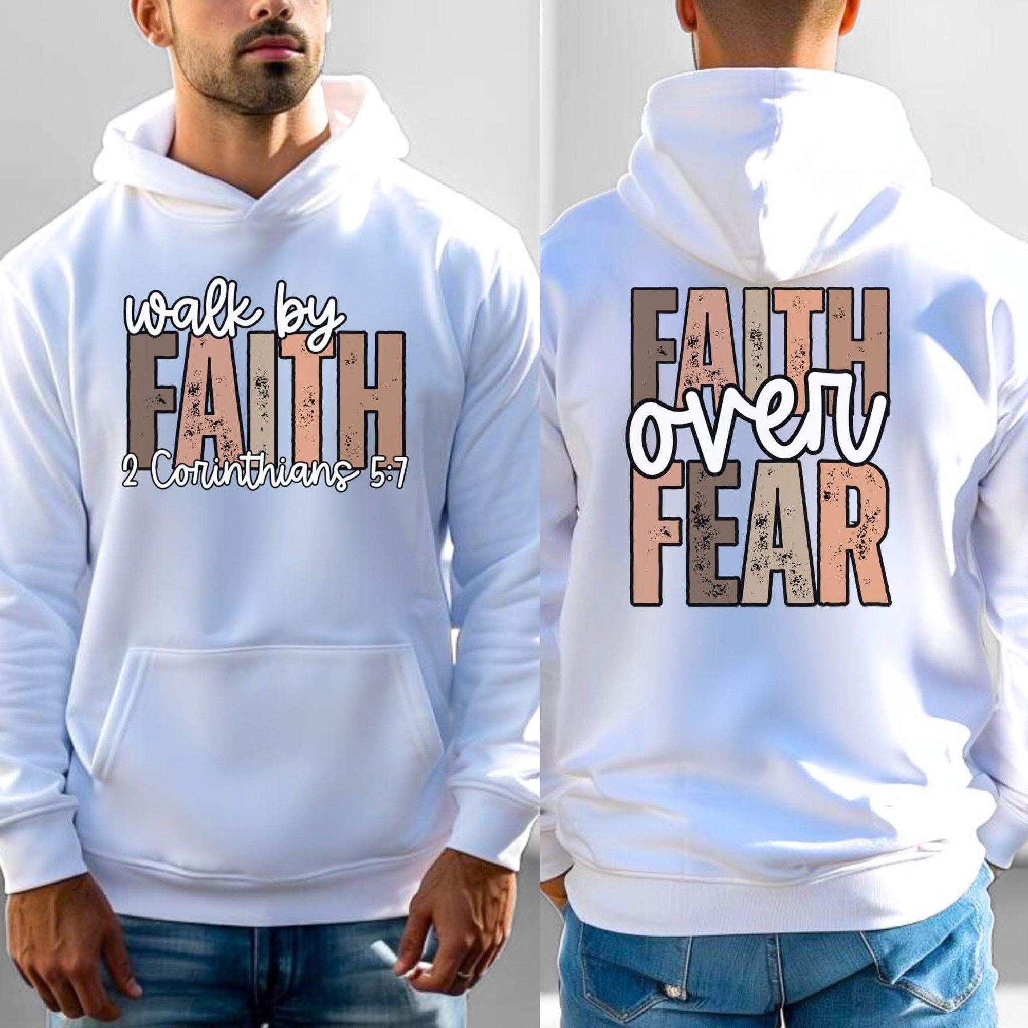 Faith Over Fear Hoodie with "Walk by Faith" inspirational Christian design, cozy sweatshirt with double-lined hood and kangaroo pocket