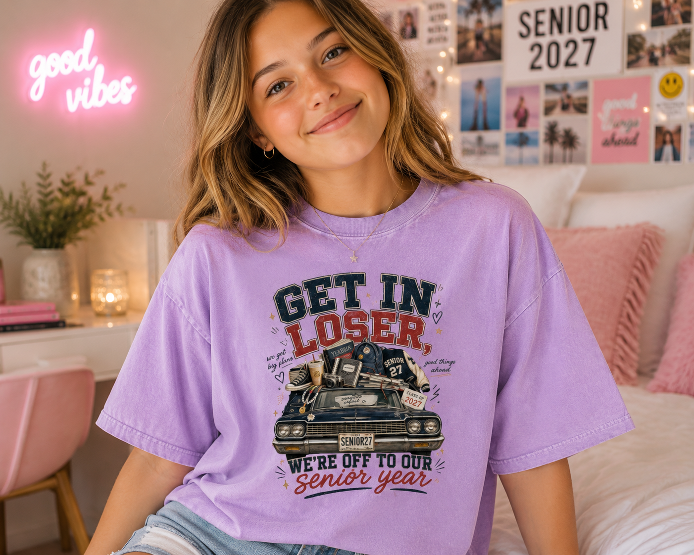 Mineral wash boxy cotton t-shirt with oversized fit and senior year 2027 graphic design