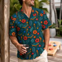 Cornhole Hawaiian shirt with tropical bean bags, boards, tiki torches, and hibiscus on teal background, unisex UPF 50+ button-up
