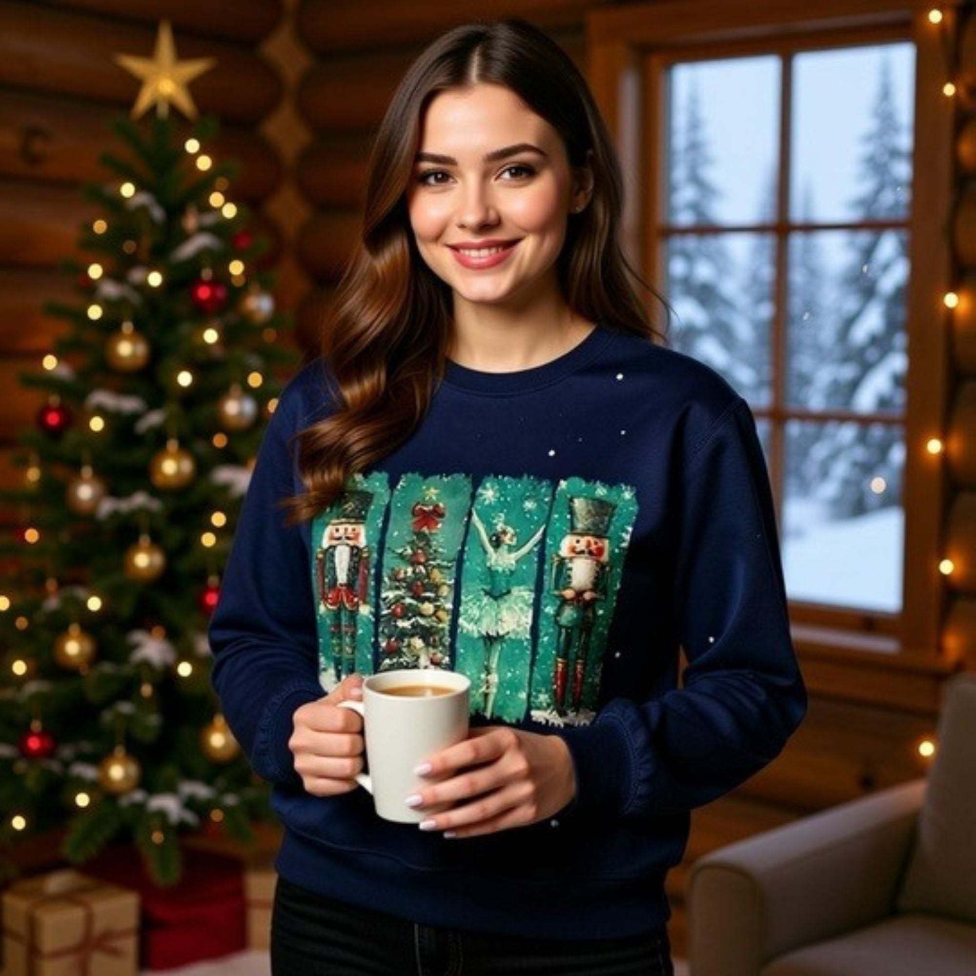 Woman wearing vintage Christmas nutcracker sweatshirt holding a mug near decorated Christmas tree in cozy cabin