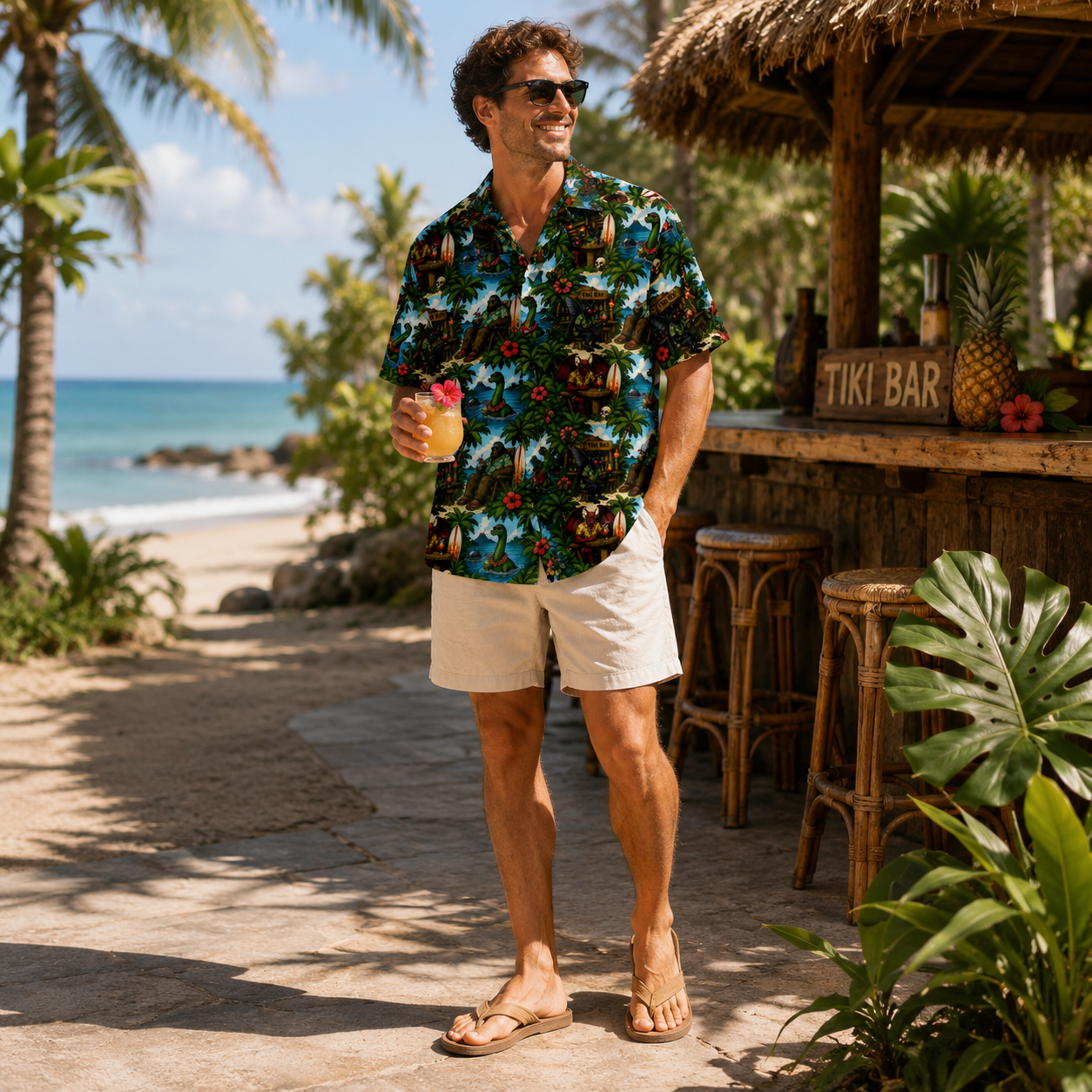 Bigfoot Hawaiian Shirt | Tropical Cryptid Button-Up with Sasquatch Tiki Print | Unisex UPF 50+