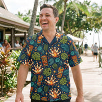 Navy Tropical Bowling Hawaiian Shirt with tiki masks and bowling pins print, camp collar, button-down style
