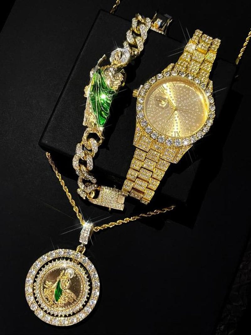 Luxury watch and jewelry set with gold and silver designs