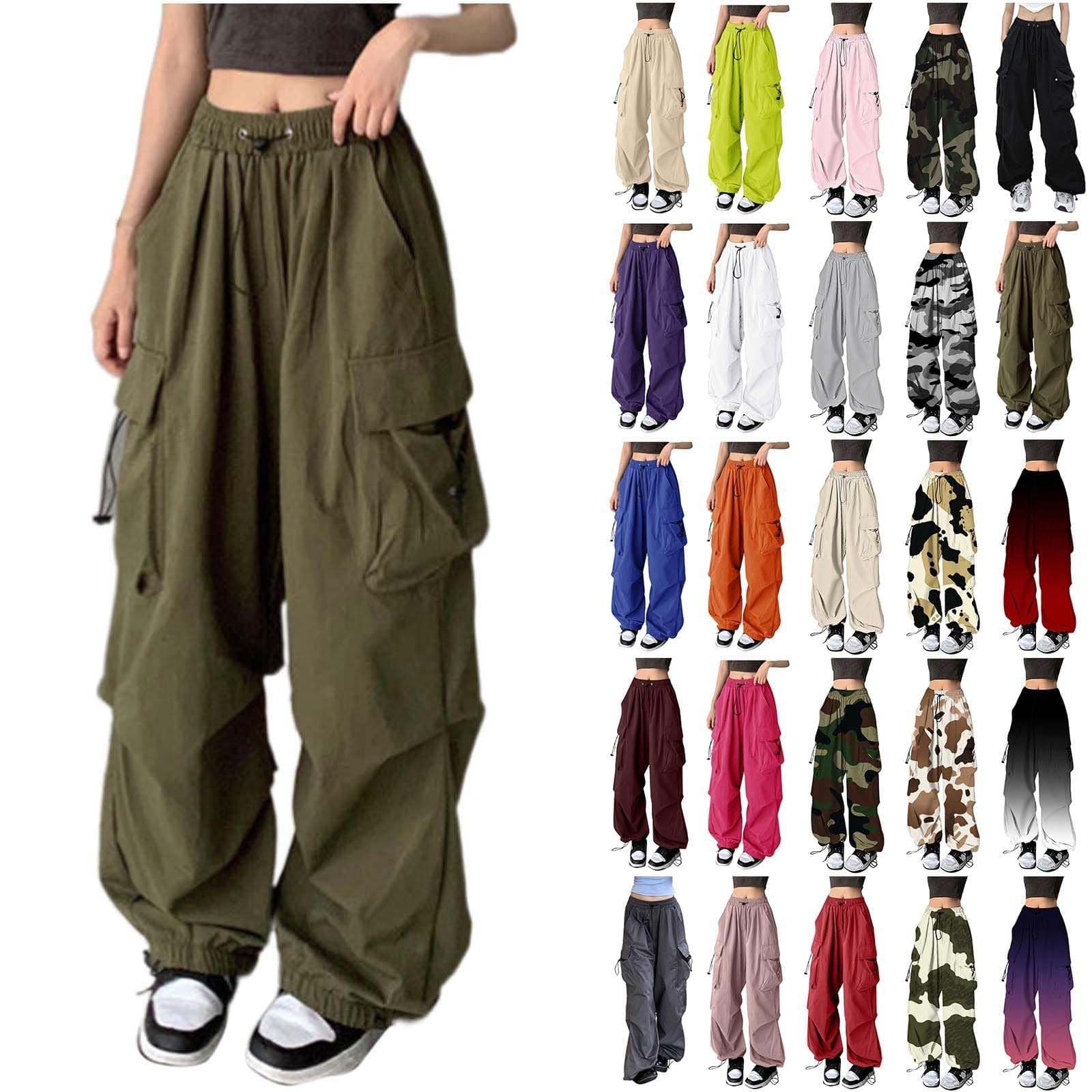Women wearing Y2K baggy cargo pants with multiple pockets and wide legs