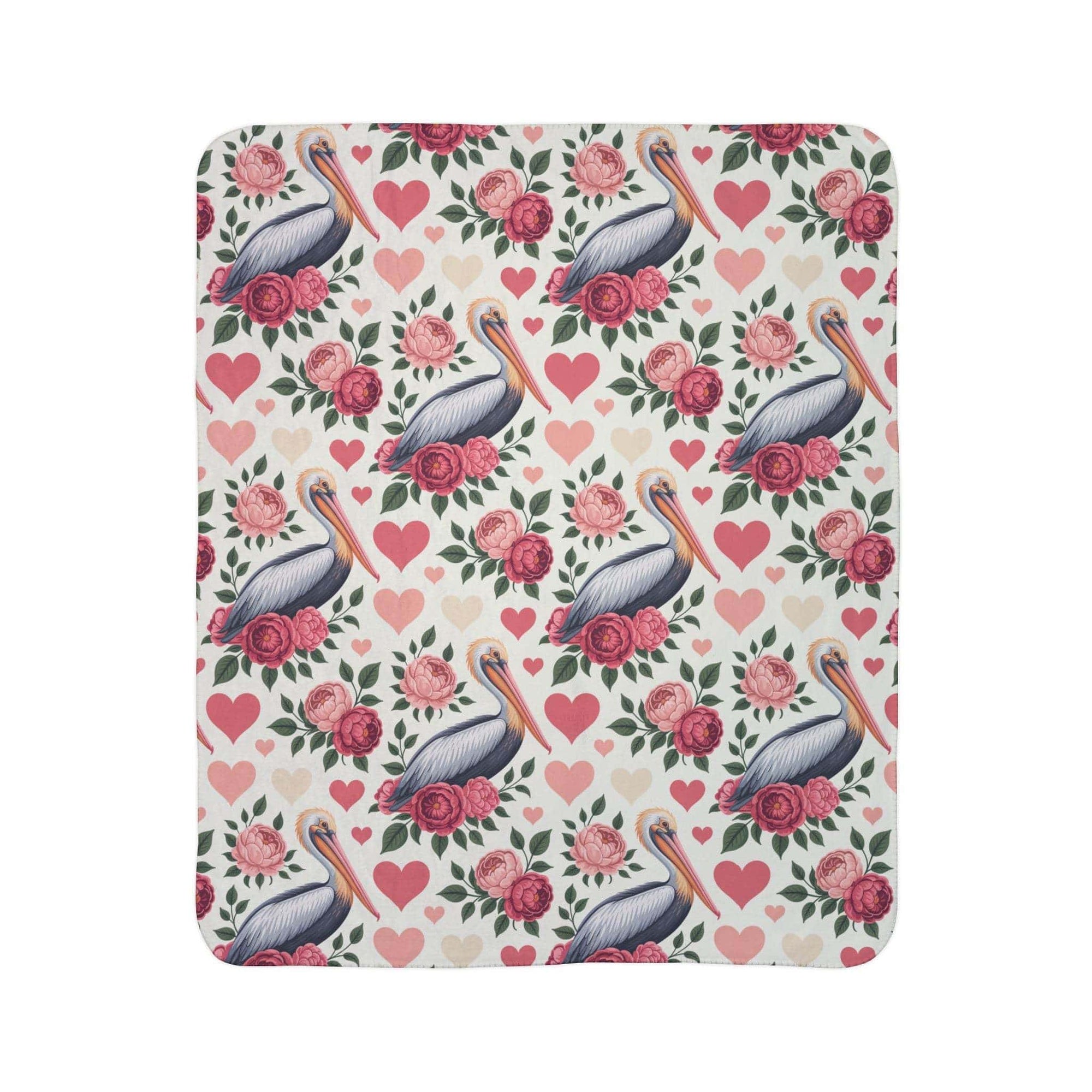 Floral pelican fleece sherpa blanket with vibrant coastal bird and flower design