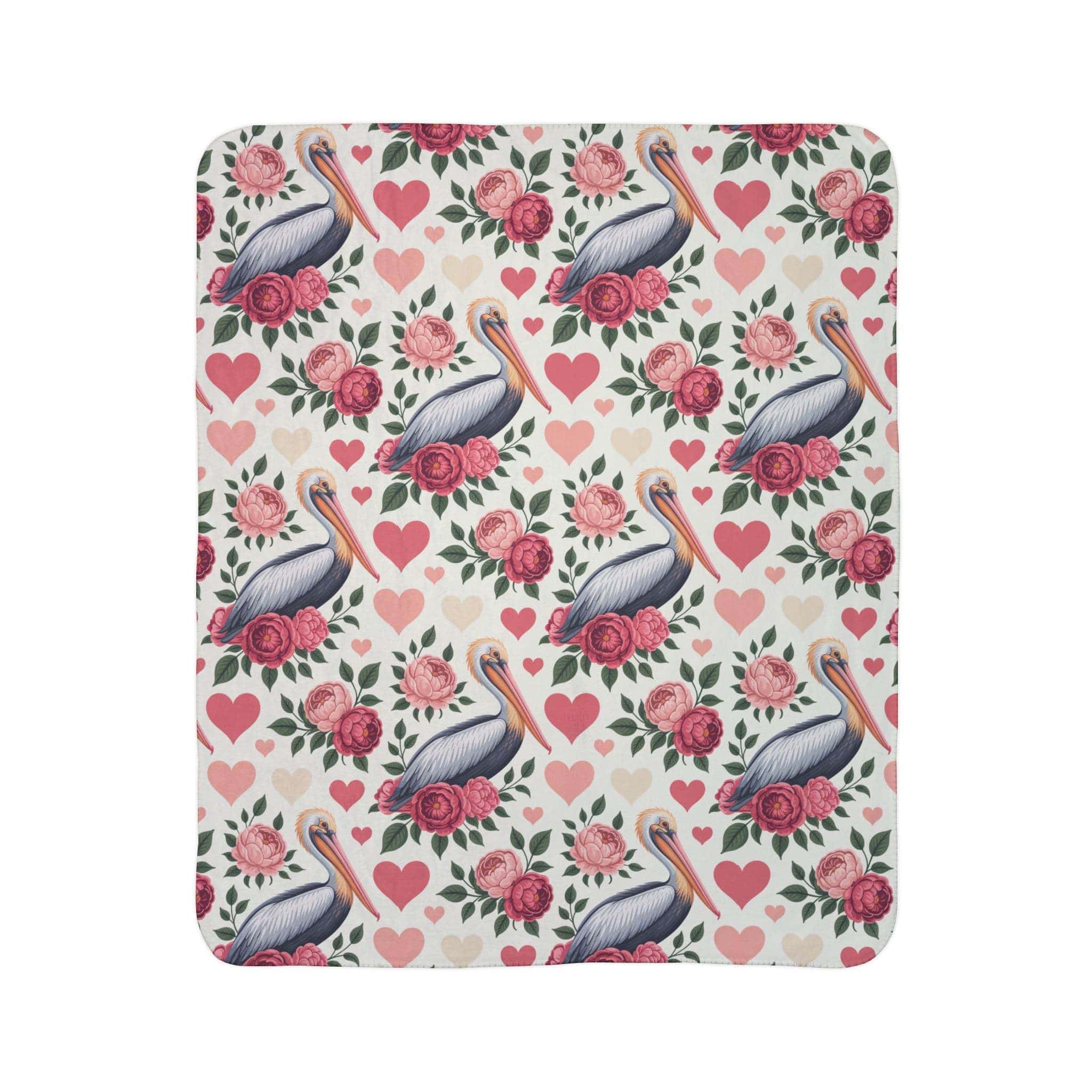 Floral pelican fleece sherpa blanket with vibrant coastal bird and flower design