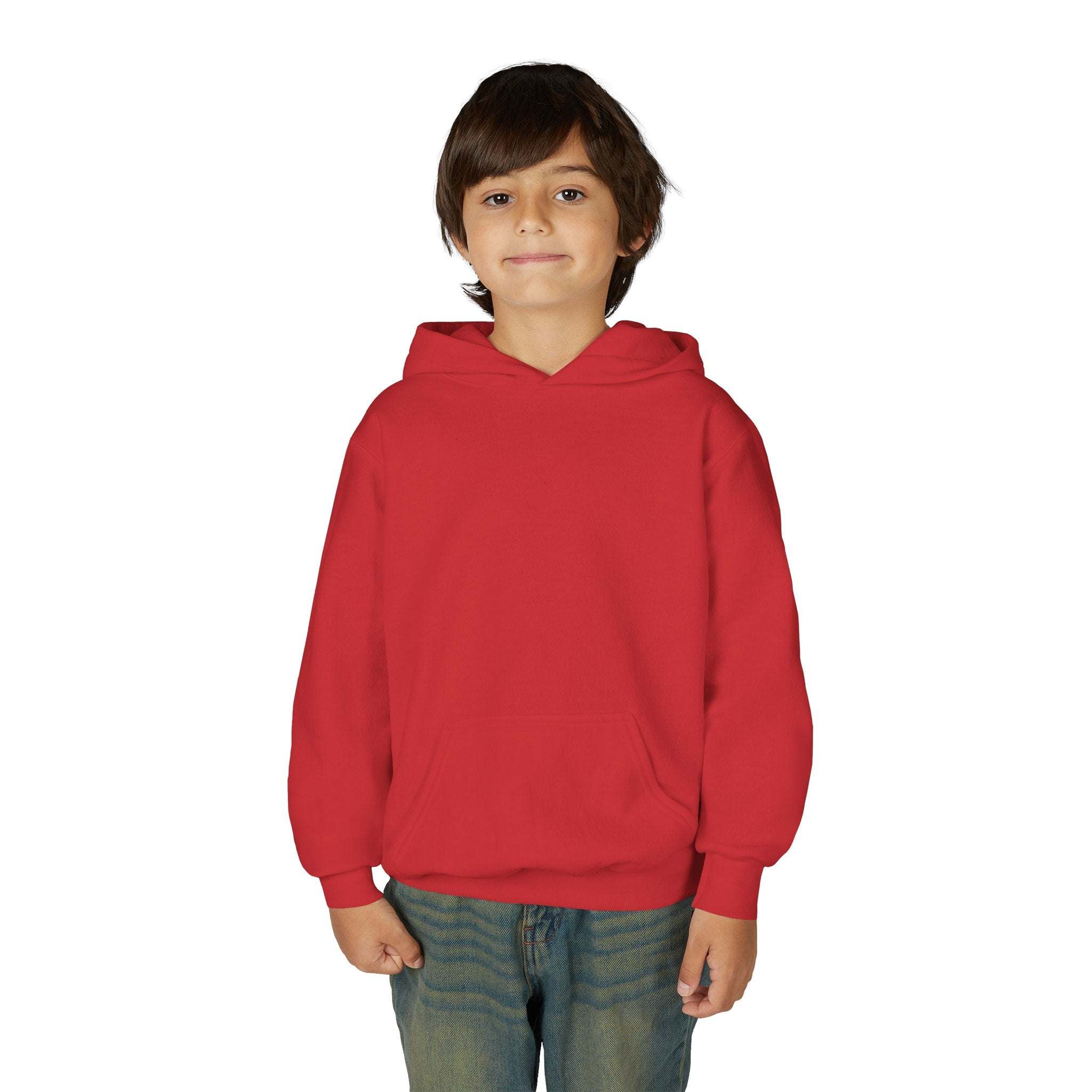 Child wearing plain red hoodie with kangaroo pocket against white background