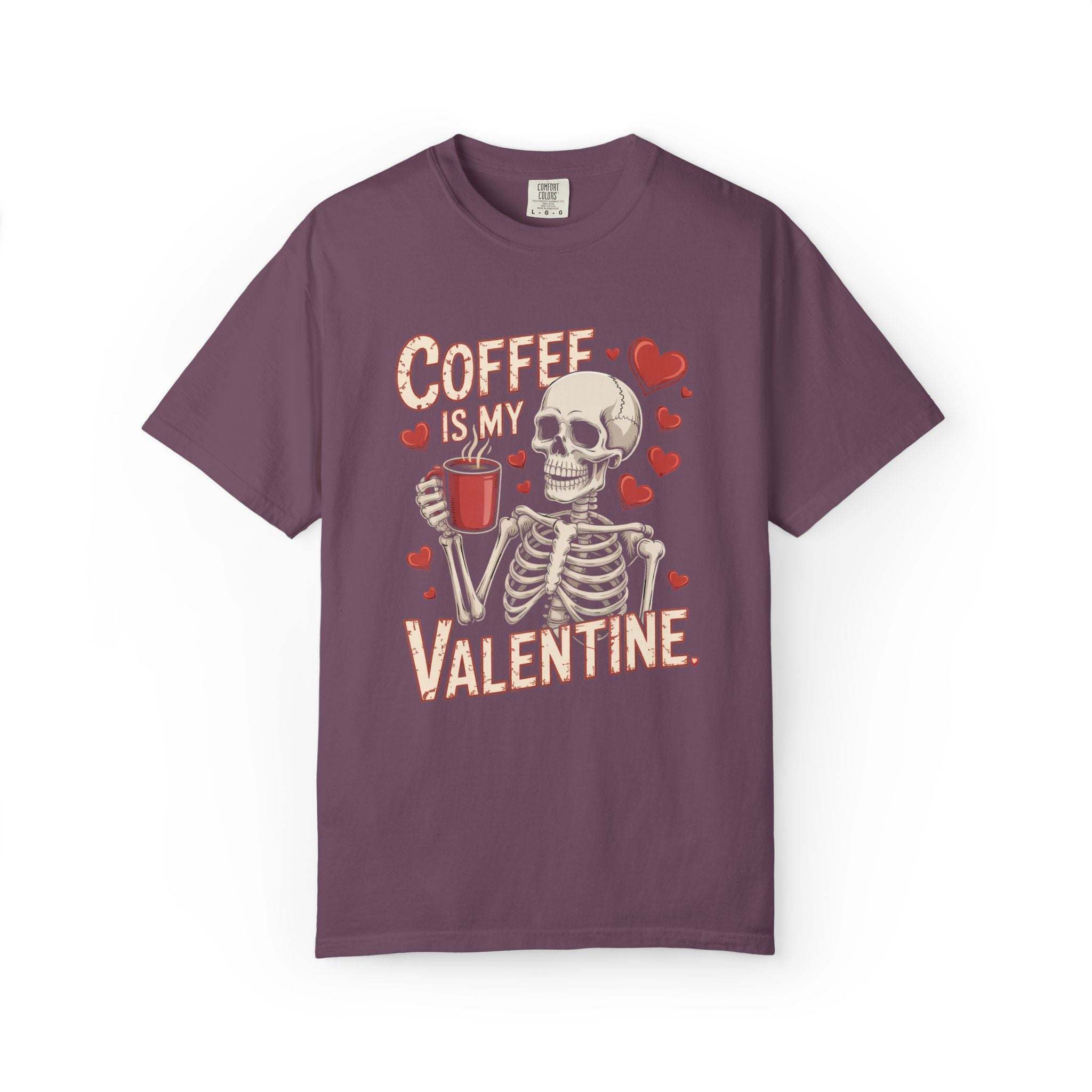 Vintage-washed Coffee Is My Valentine skeleton graphic t-shirt for caffeine lovers