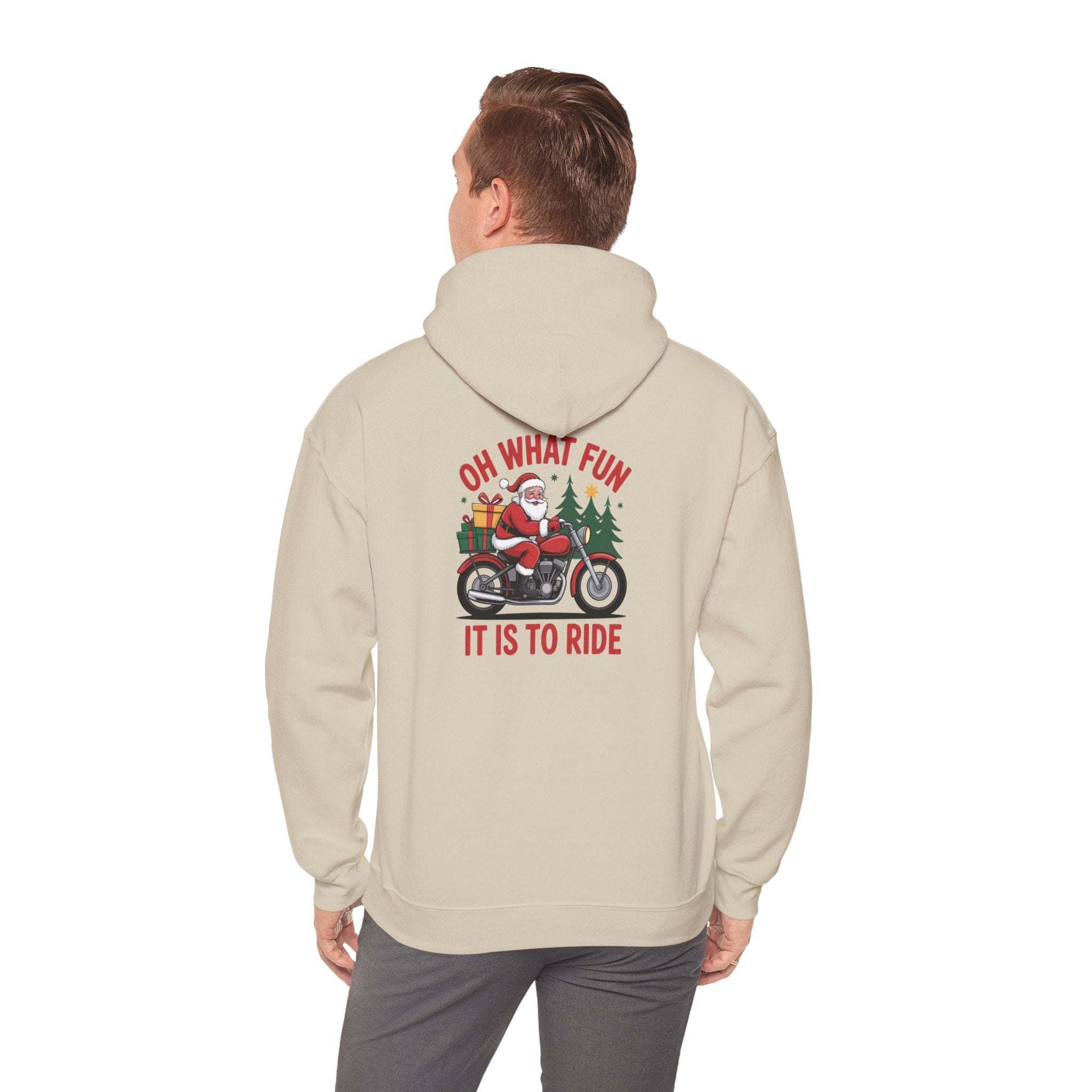 Santa motorcycle hoodie in black, featuring festive graphics, perfect for holiday celebrations and motorcycle enthusiasts.