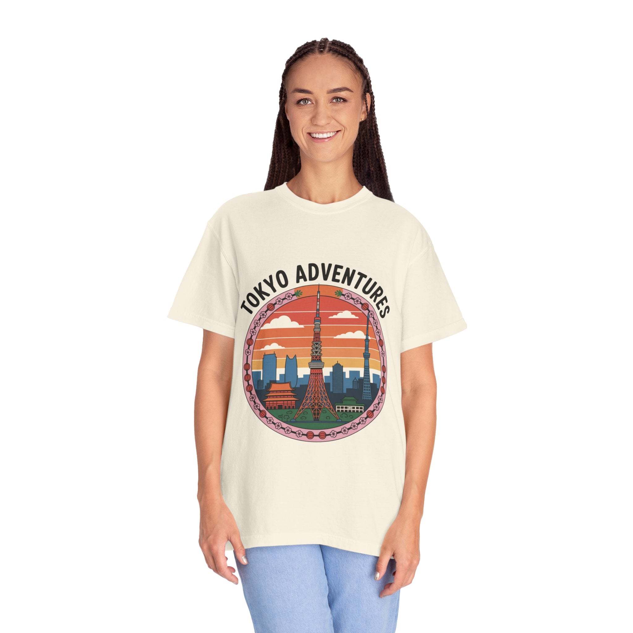 Woman wearing garment-dyed Tokyo Adventures travel T-shirt with Tokyo cityscape design
