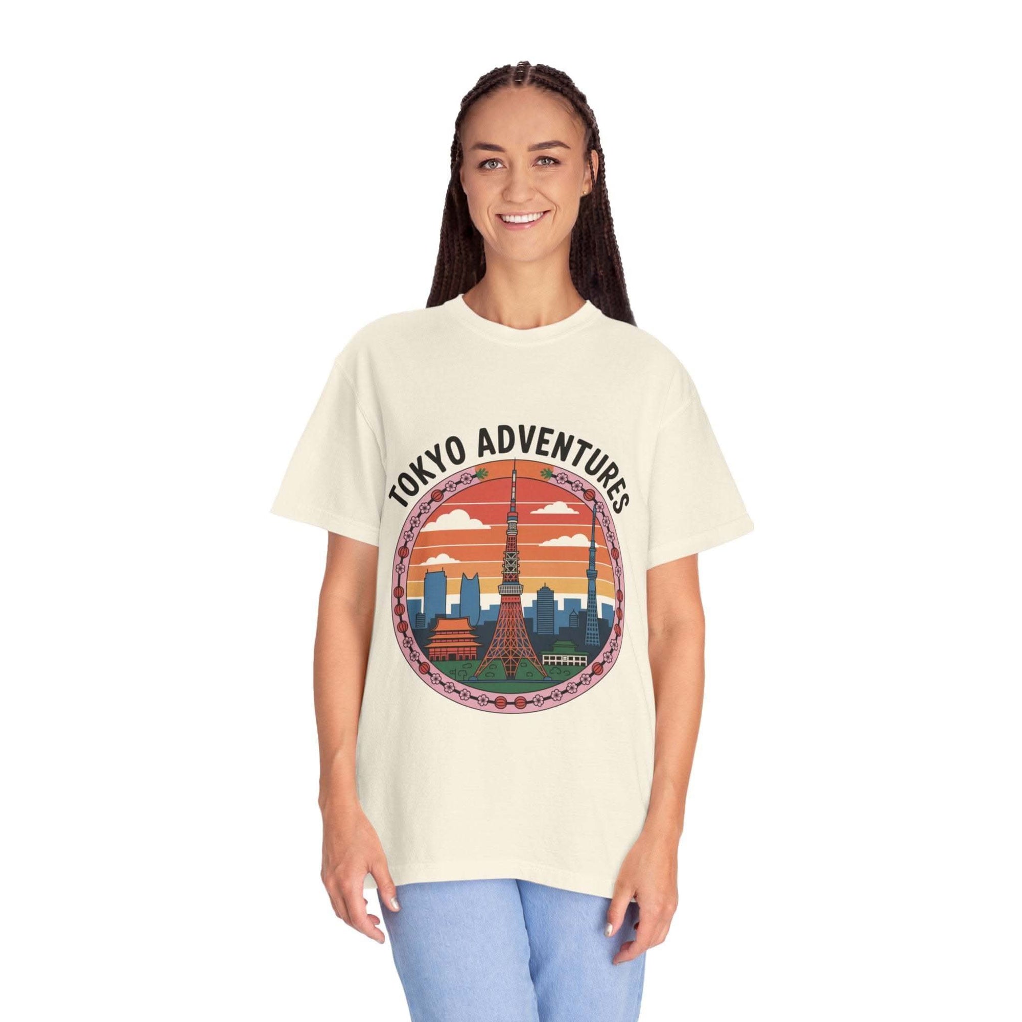 Woman wearing garment-dyed Tokyo Adventures travel T-shirt with Tokyo cityscape design