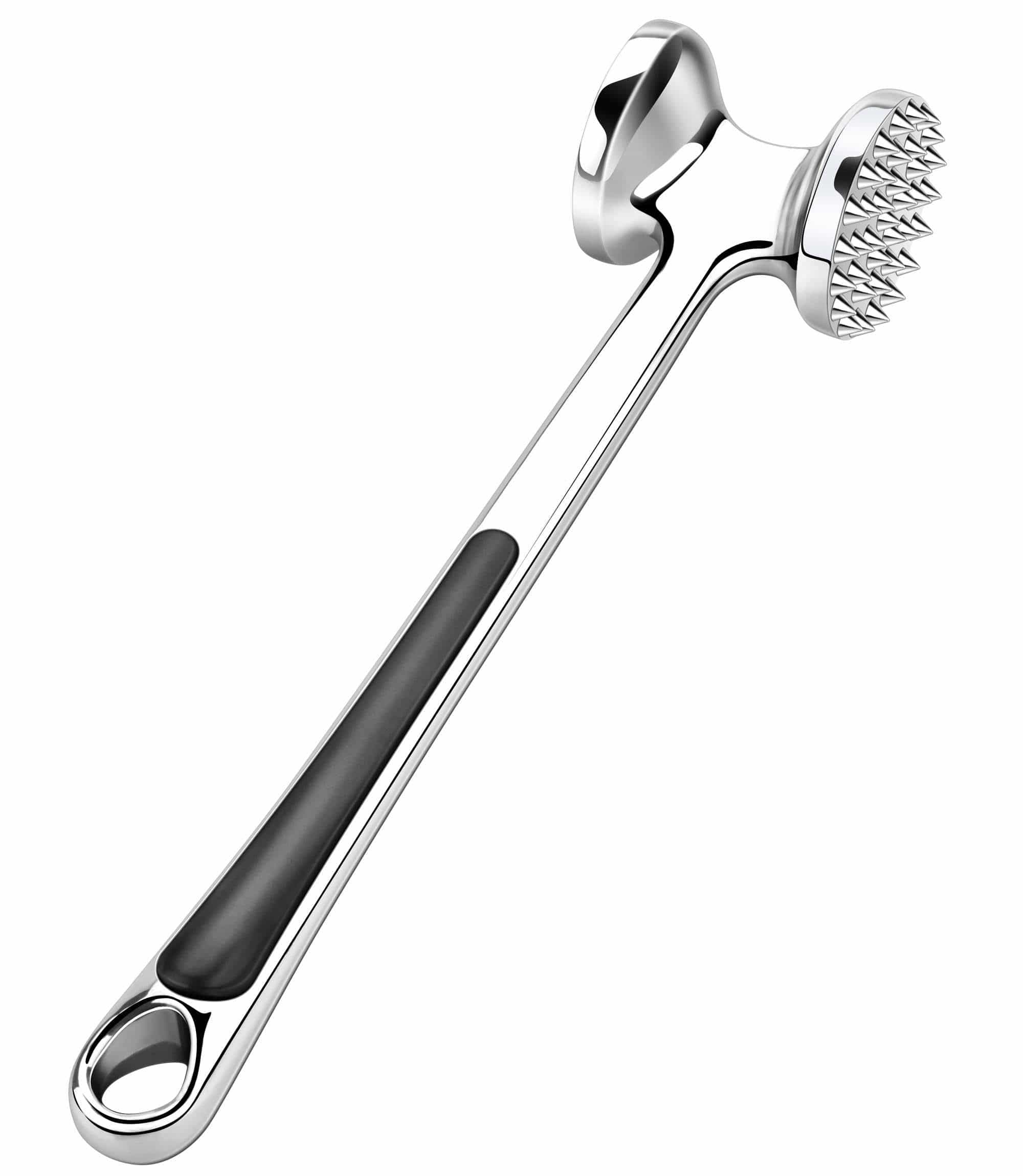 Double sided meat tenderizer hammer tool with soft rubber grip handle for comfortable use