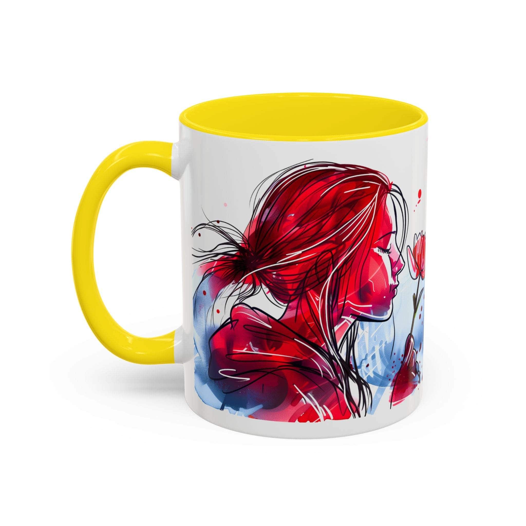 Mug with a colorful design of a face and red hair on a white background