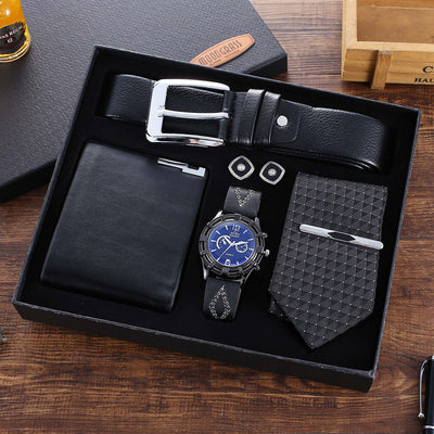 Men’s black fashion gift set with quartz watch, belt, tie, cufflinks, and wallet in gift box