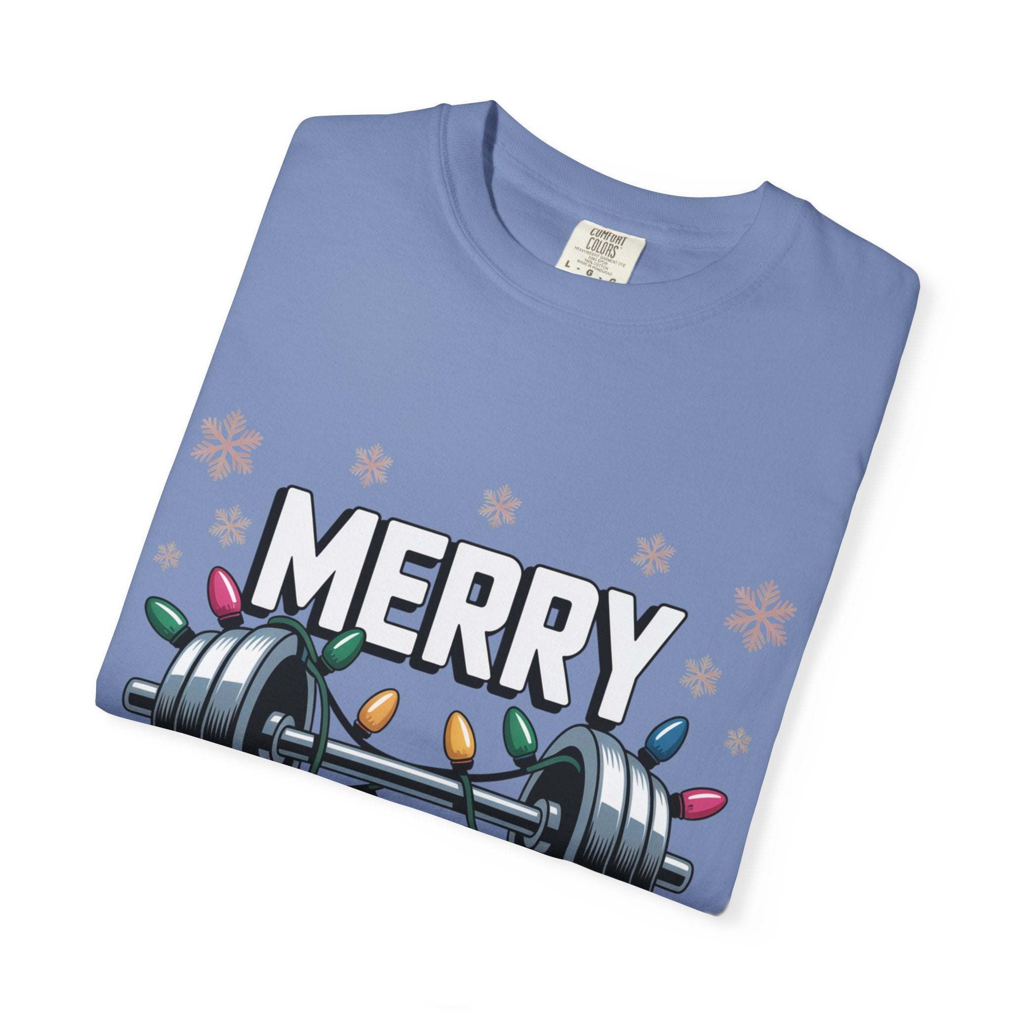 Blue Christmas workout t-shirt with Merry Liftmas design featuring a barbell wrapped in holiday lights and snowflakes.
