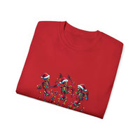 White Christmas Dancing Skeletons t-shirt by Printify, festive design perfect for holiday celebrations