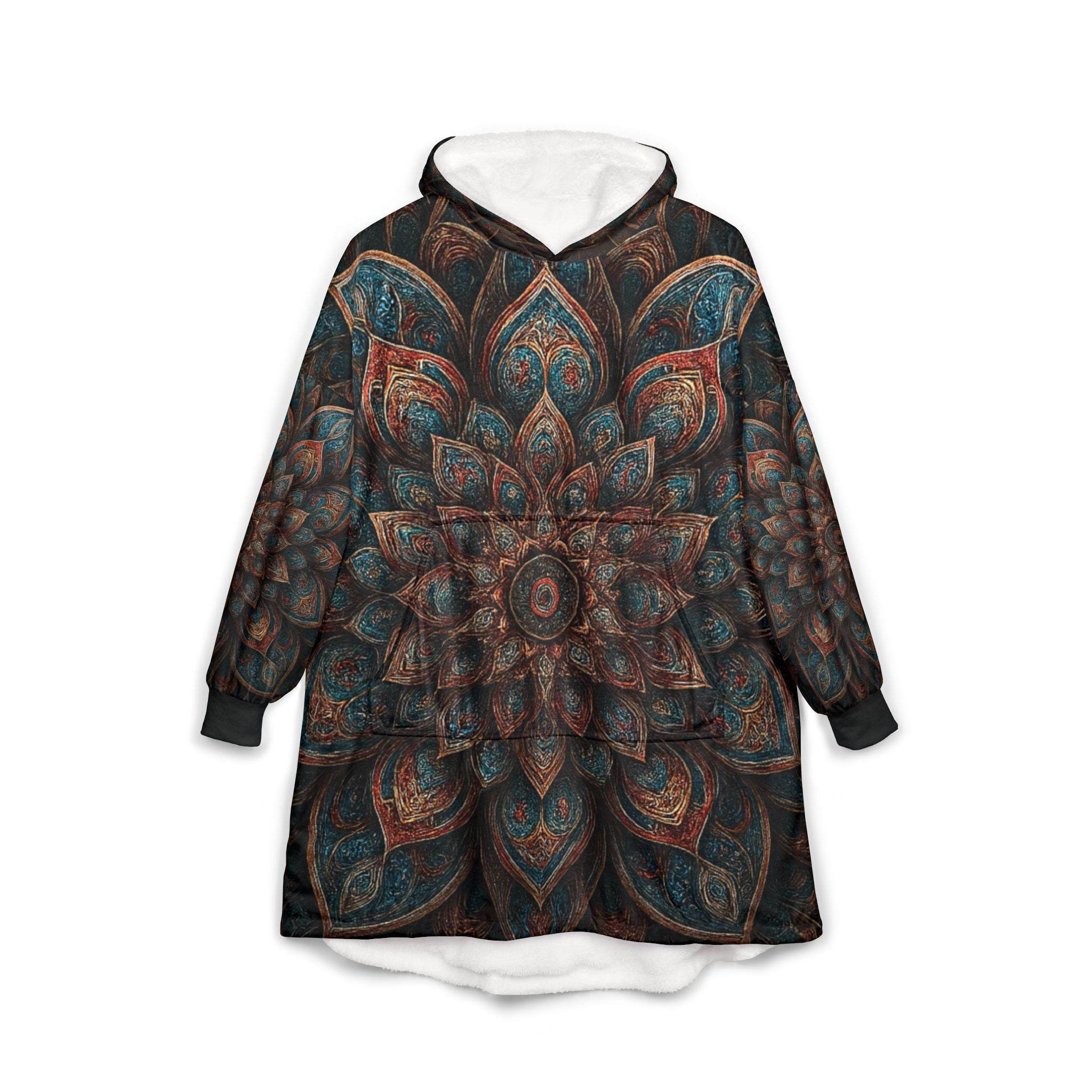 Geometric mandala hooded blanket in white, cozy boho throw for meditation and relaxation, by Printify.