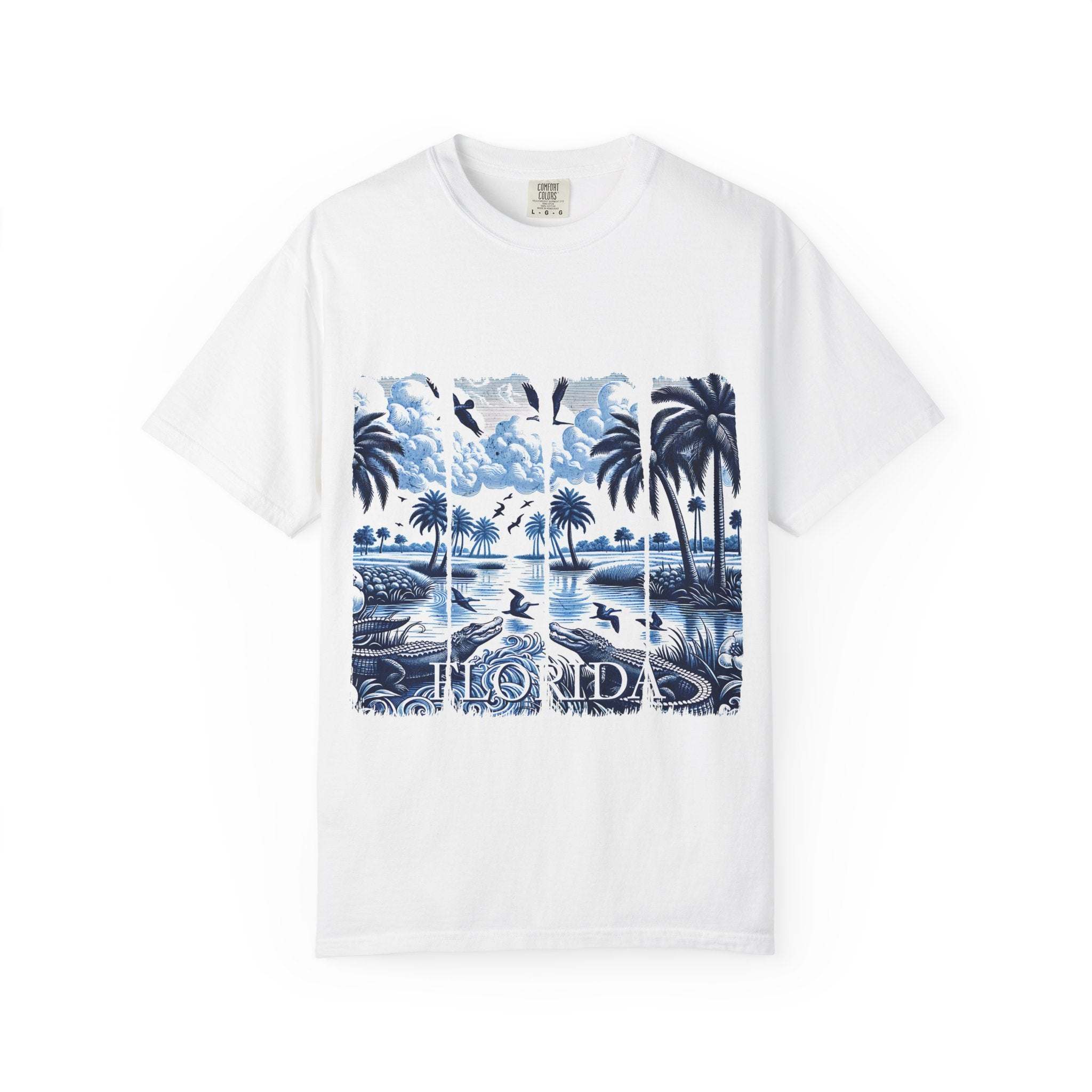 Blue Chinoise Brushstroke T-Shirt with soft blue chinoiserie brushstroke design on garment-dyed cotton fabric