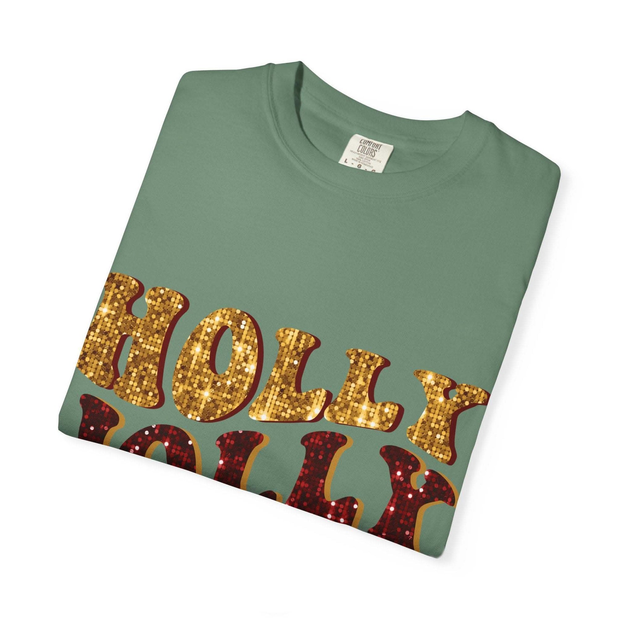 Faux Glitter Holly Jolly Mama brown t-shirt with festive glitter text for moms