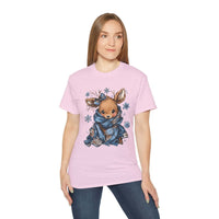 White t-shirt with retro patchwork reindeer design wearing blue scarf and surrounded by snowflakes