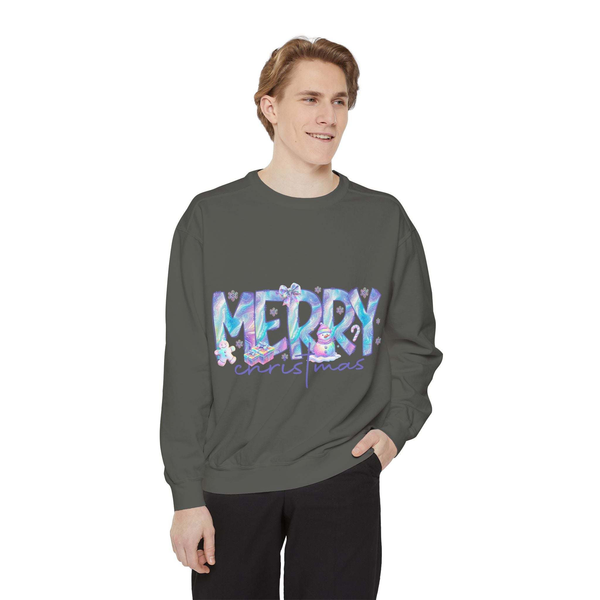 Man wearing ultra-soft iridescent Merry Christmas sweatshirt with cozy holiday design