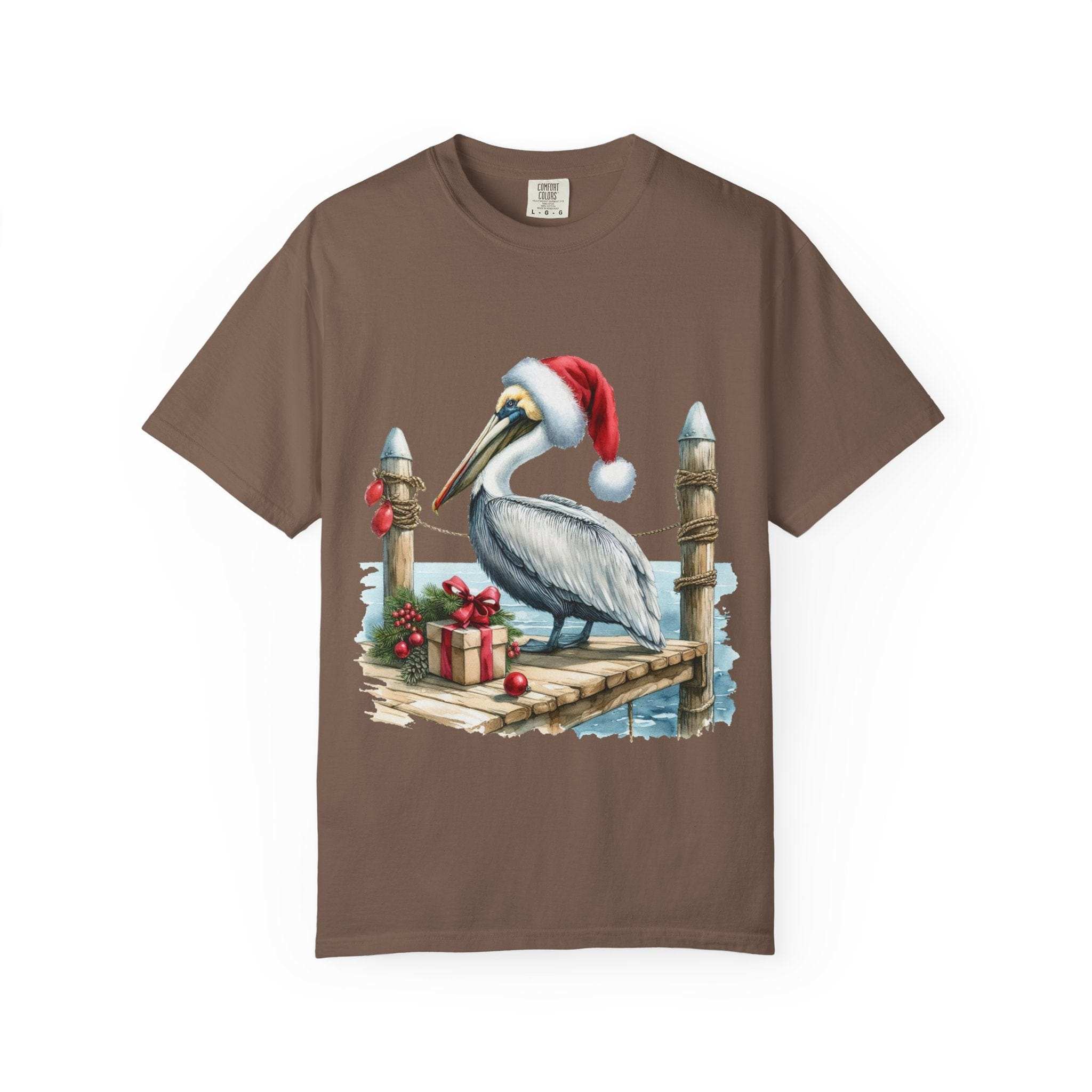 True Navy Christmas Pelican Santa T-Shirt by Printify, featuring a cheerful pelican design for a festive beach look.